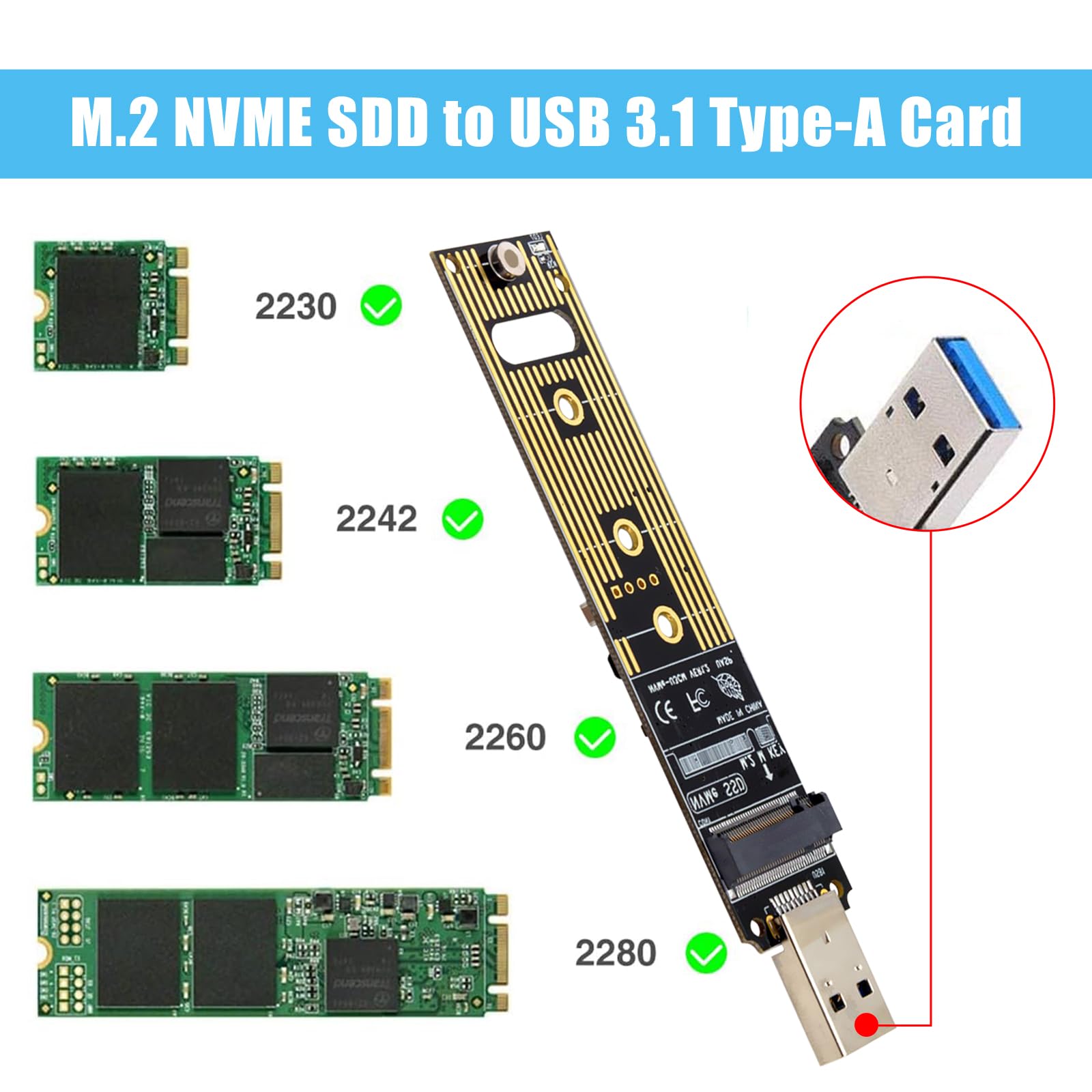 Flylin M.2 to USB Adapter, NVME to USB Adapter Hard Drive USB-3.1 Gen2 10Gbps-USB to NVME&PCI-E SSD Reader, M Key Support UASP for 2280 2260 2242 2230 SSD (Only for M.2 NVME)