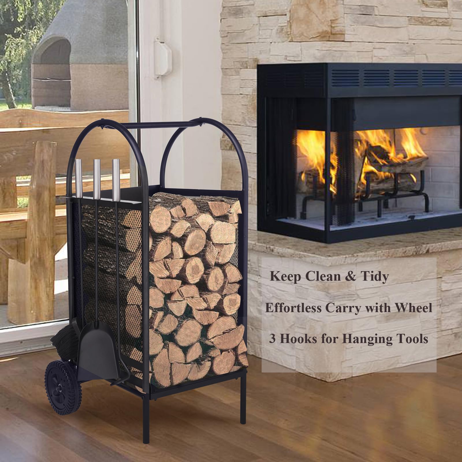 Carrello portalegna in legno camino con una pala, scopa e poker stufa ardere