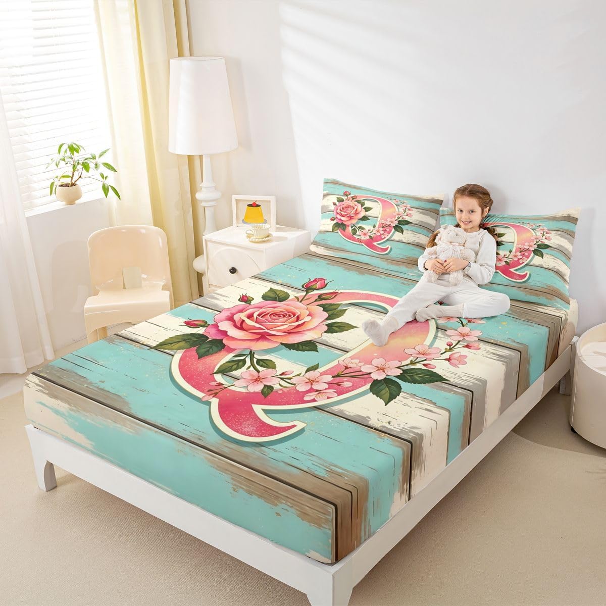 Erosebridal Floral Flowers Sheets for Boys Girls Personalized Initial L Fitted Sheet,Spring Fresh Style Kids Bedding Sets Rustic Wooden Decor Bed Sets Full 3 Piece