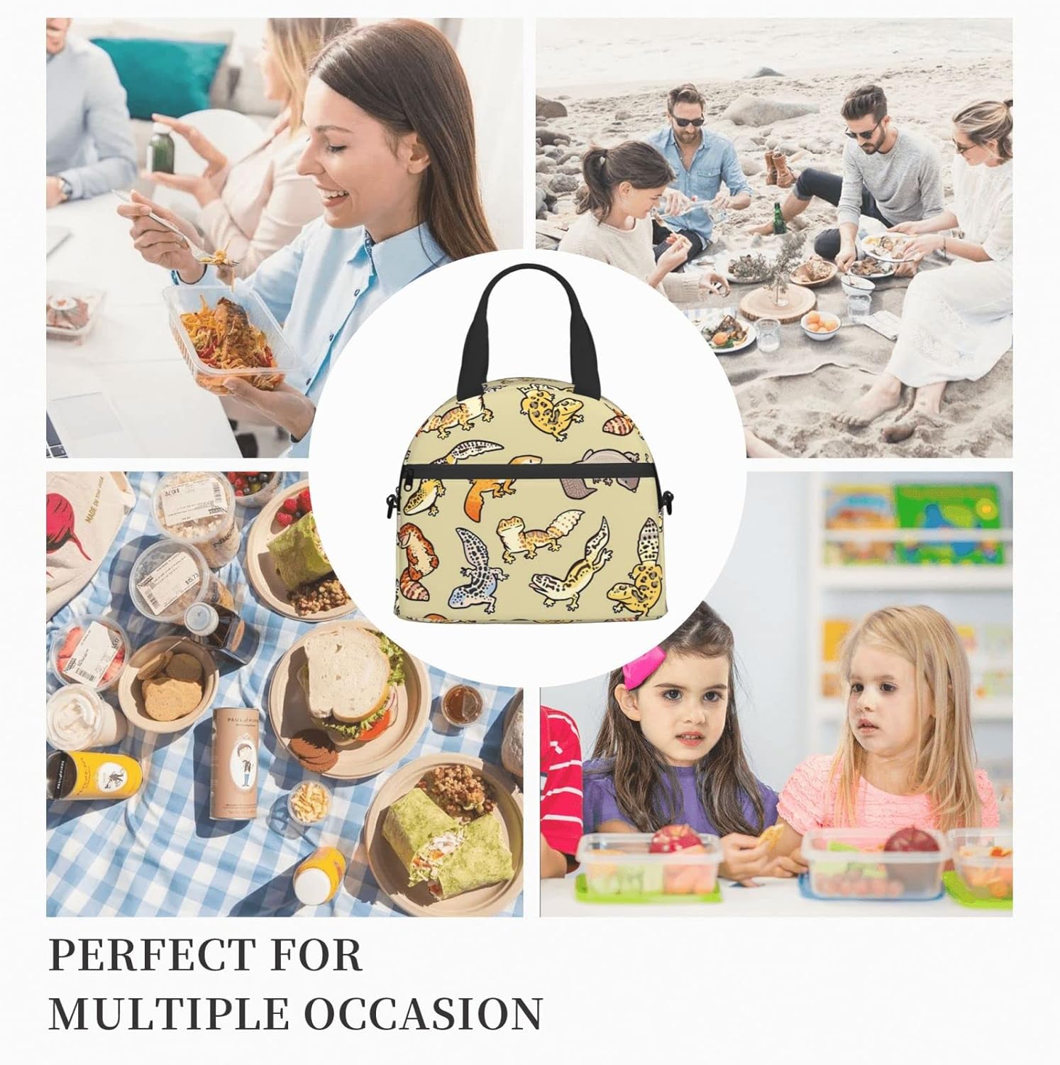 Bagea-Ka Cartoon Cute Leopard Gecko Pattern Lunch Bag for Women Men Insulated Reusable Lunch Box Cooler Tote Bag with Removable Shoulder Strap for Office Work School Picnic Beach