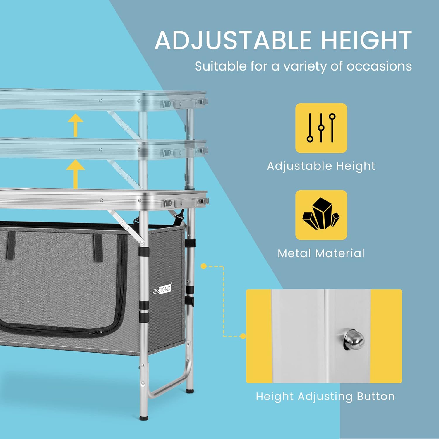 VIVOHOME Outdoor Aluminum Lightweight Folding Camping Table with 3 Adjustable Height Legs and Storage Organizer for BBQ, Party, Picnic, White and Gray : Patio, Lawn & Garden