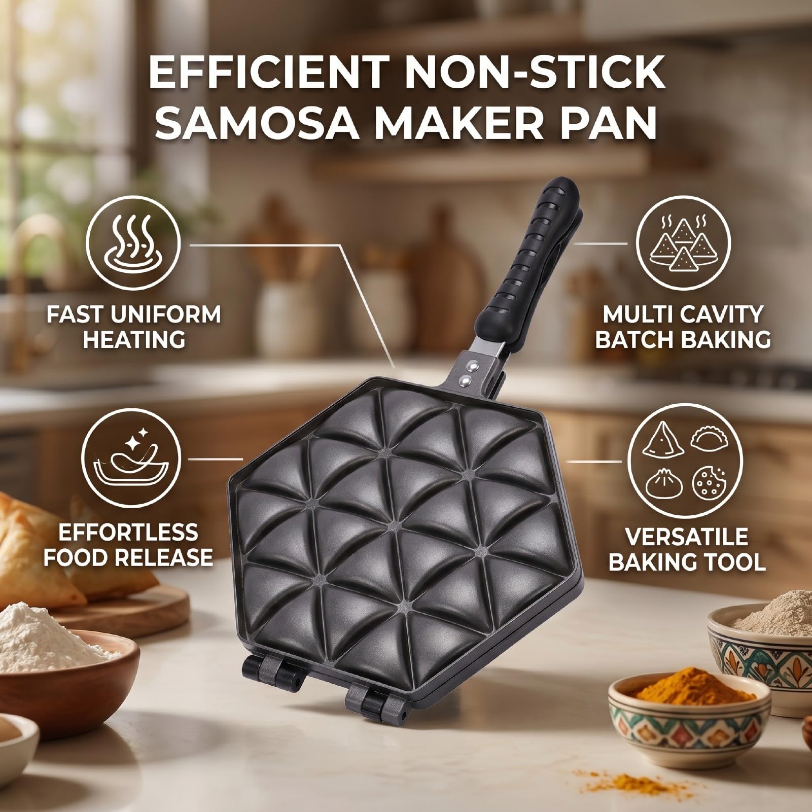 Asixxsix Sartén antiadherente de aluminio para samosas, 26 cm | varias a la vez, voltea fácilmente, calienta de manera rápida y uniforme, ideal para fiestas en casa, para pasteles