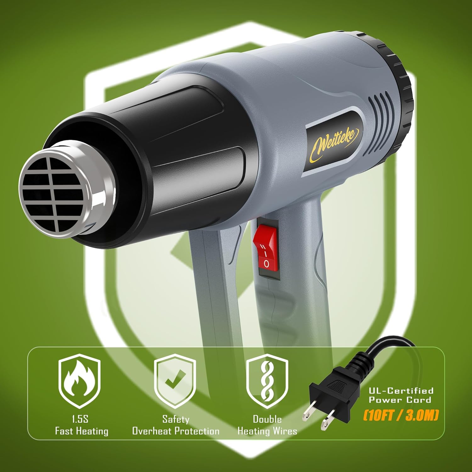 Heat Gun, 10Ft power cord Heavy Duty Hot Air Gun 572&1112℉ Dual Temperature Control 4 Nozzels & Paint Scraper Overload Protection for Paint Stripping (Heat Shrink Tubing Kit)