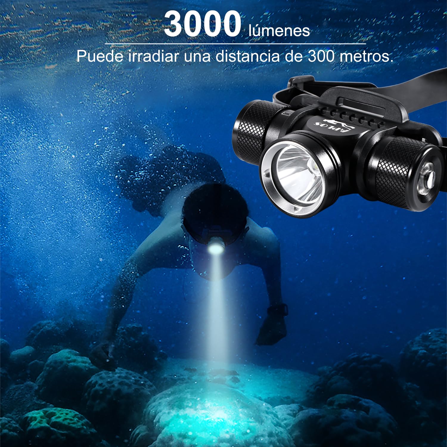APLOS H900 Linterna Frontal de Buceo 3000 Lúmenes Linterna Frontal submarina, Resistencia al agua IP68 5 Modos Luz de Buceo de Seguridad para Buceo natación Senderismo Camping Caza Pesca