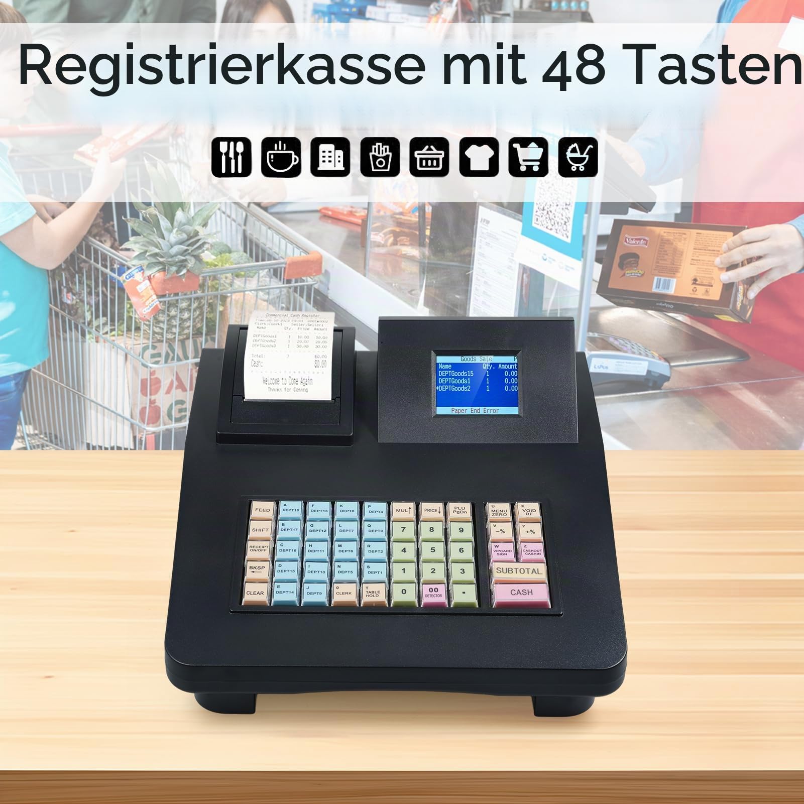 ZJchao T2MINI Elektronische Registrierkasse, 48 Tasten, 2,8-Zoll-Display mit 58-mm-Thermodrucker, USB-RS232-Anschluss für Einzelhandel, Restaurant, Café, Supermarkt (EU-Stecker)