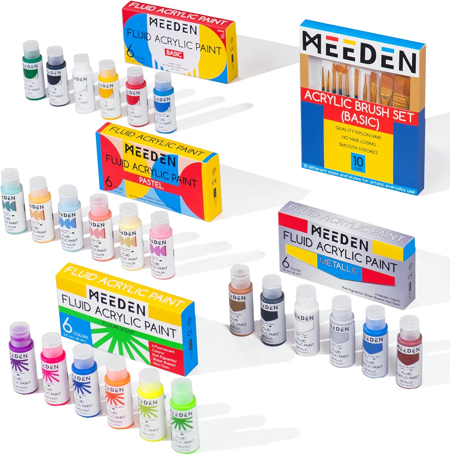 MEEDEN Fluid Acrylic Paint Set, 6 Vibrant Colors/Bottles (2