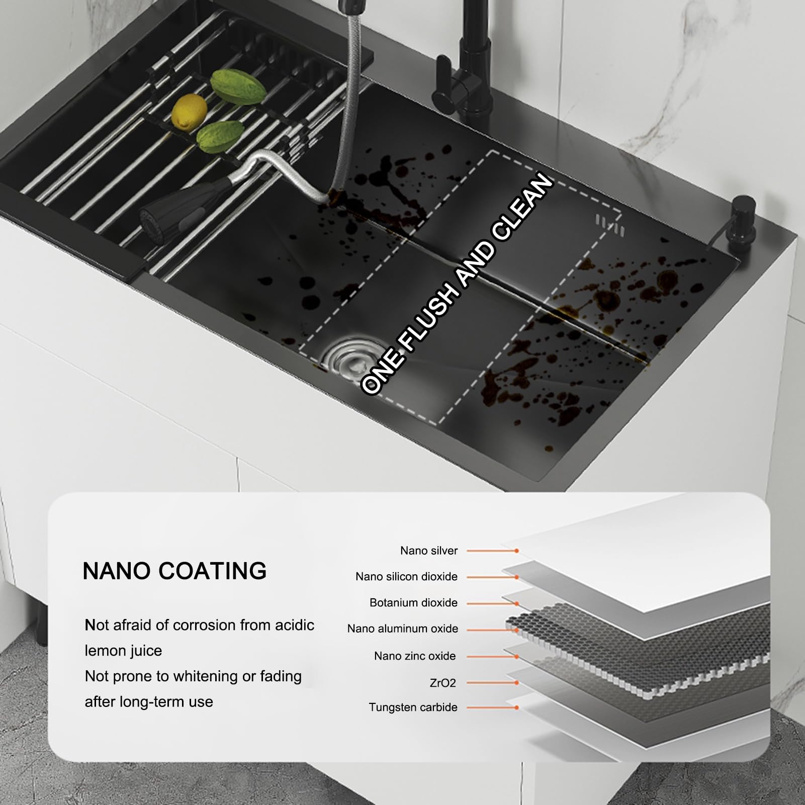 Mobile da bagno con lavabo, Lavello in Acciaio Inox Commerciale a Vasca Singola, Mobiletto Sottolavello Cucina con Rubinetto, per Ristorante, Cucina, Lavanderia(68x45cm/26.7x17.7in,Black)