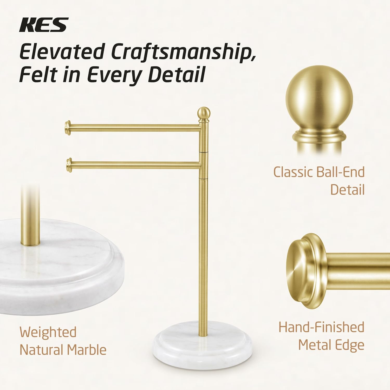 KES Anti Wobble Hand Towel Holder Stand with 2X Weighted Marble Base, Rustproof 18/8 Stainless Steel Countertop Hand Towel Stand for Bathroom, Vanity, Kitchen, Brushed Gold, BTH242-BZ