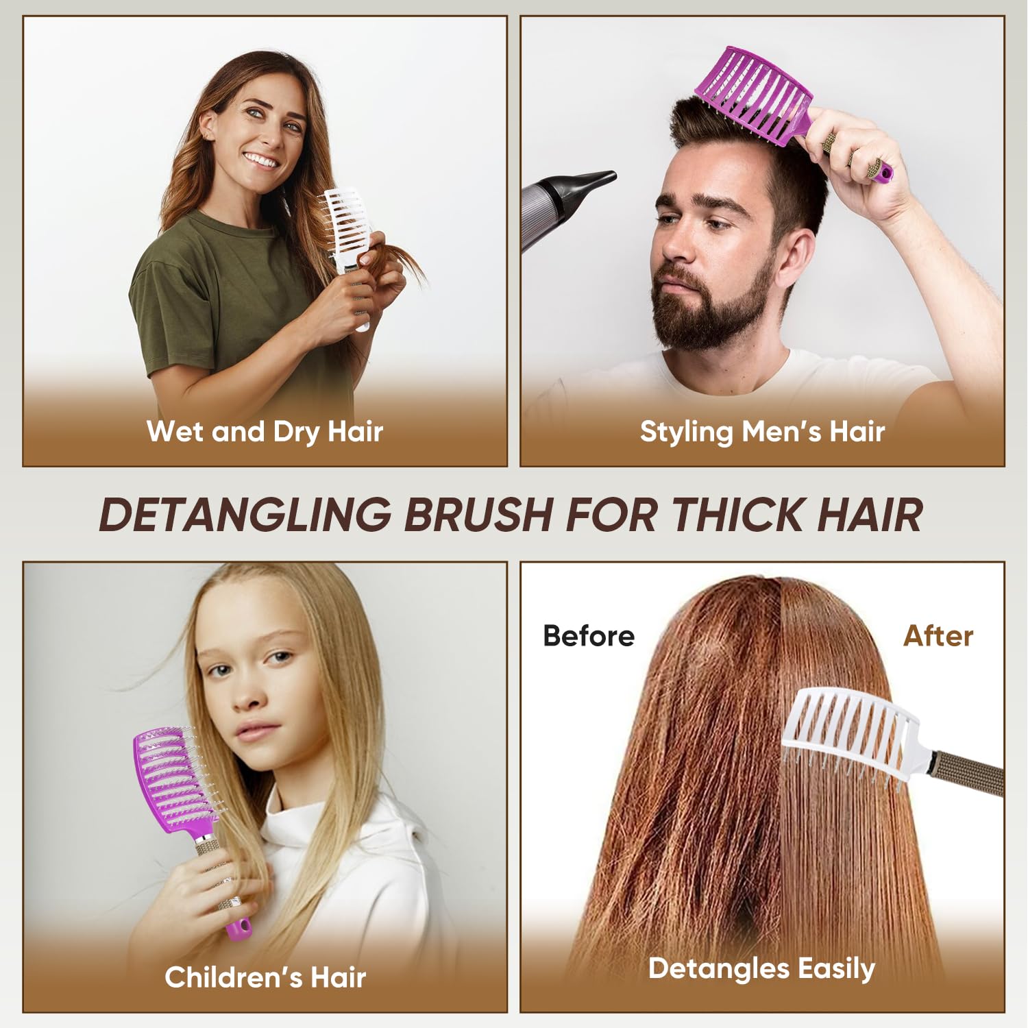 Paquete de 2 cepillos desenredantes curvados y ventilados para cabello húmedo y seco, cepillo de pelo de paleta para un secado más rápido, cepillo desenredante para mujeres y hombres,