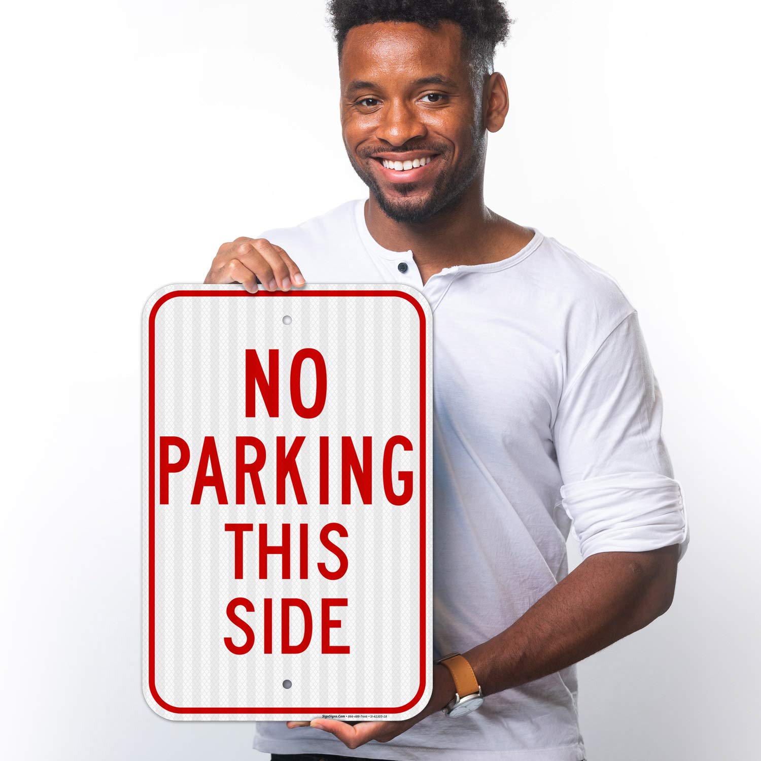 No Parking This Side Sign, 12x18 Inches, 3M EGP Reflective .063 Aluminum, Fade Resistant, Easy Mounting, Indoor/Outdoor Use, Made in USA