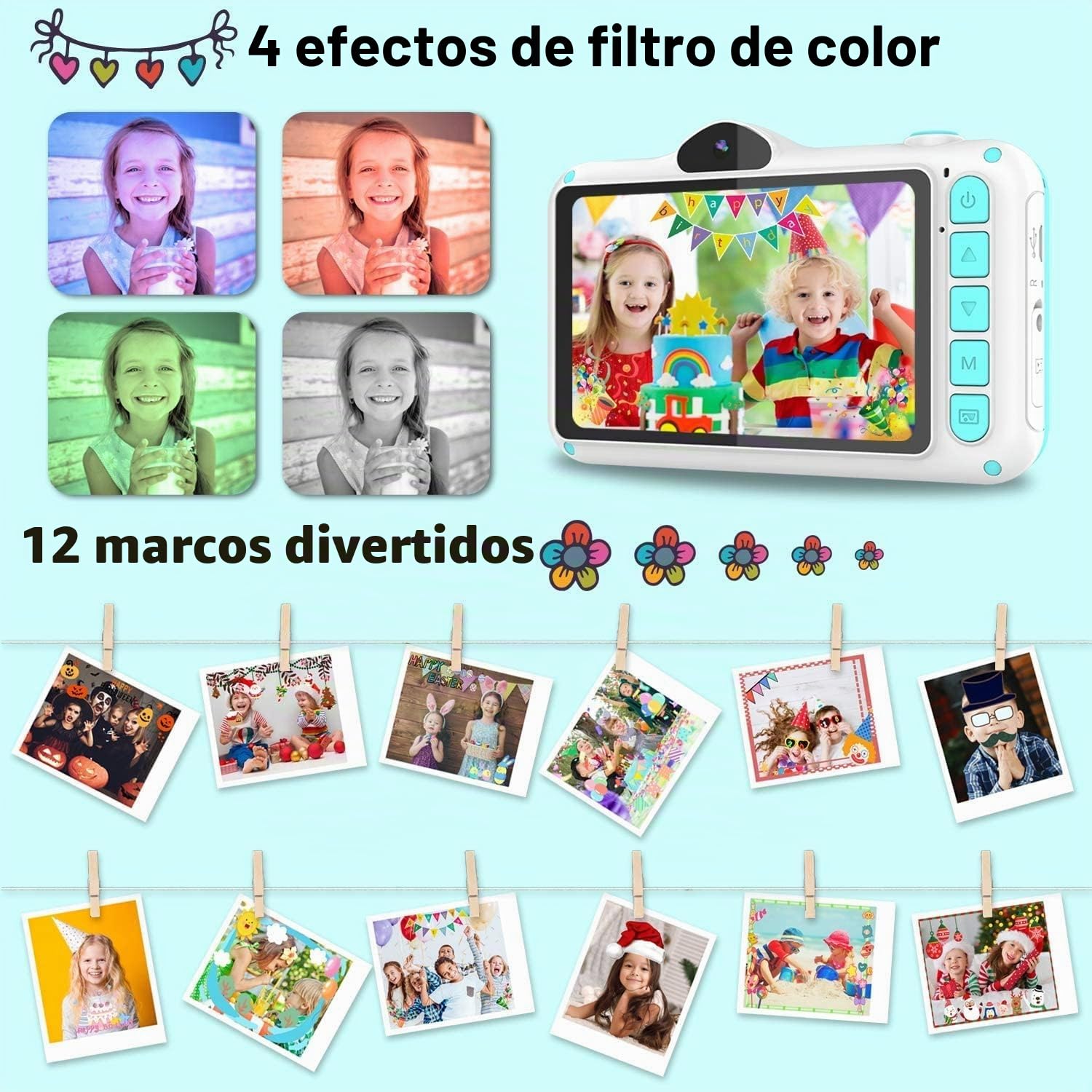 Cámara infantil, pantalla grande de 3,5 pulgadas, cámara digital para niños con tarjeta de 32 GB, 1080P HD 12 MP, anticaída, recargable por USB, cámara selfie para niños de 3 a 12 años, regalo de