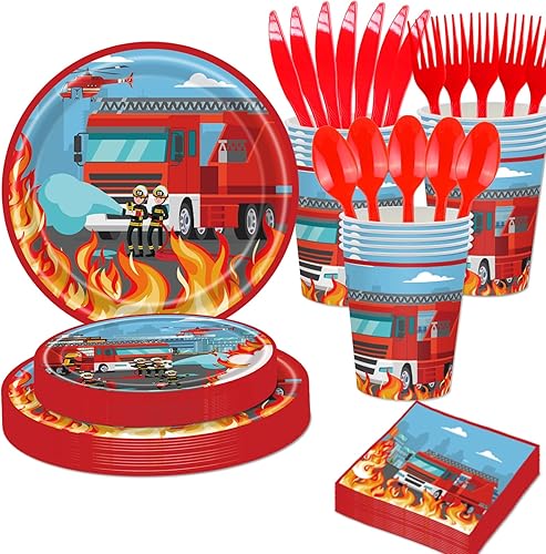Suministros para fiestas de cumpleaños de camiones de bomberos, platos de fiesta, servilletas y vasos, decoraciones de fiesta de bomberos para