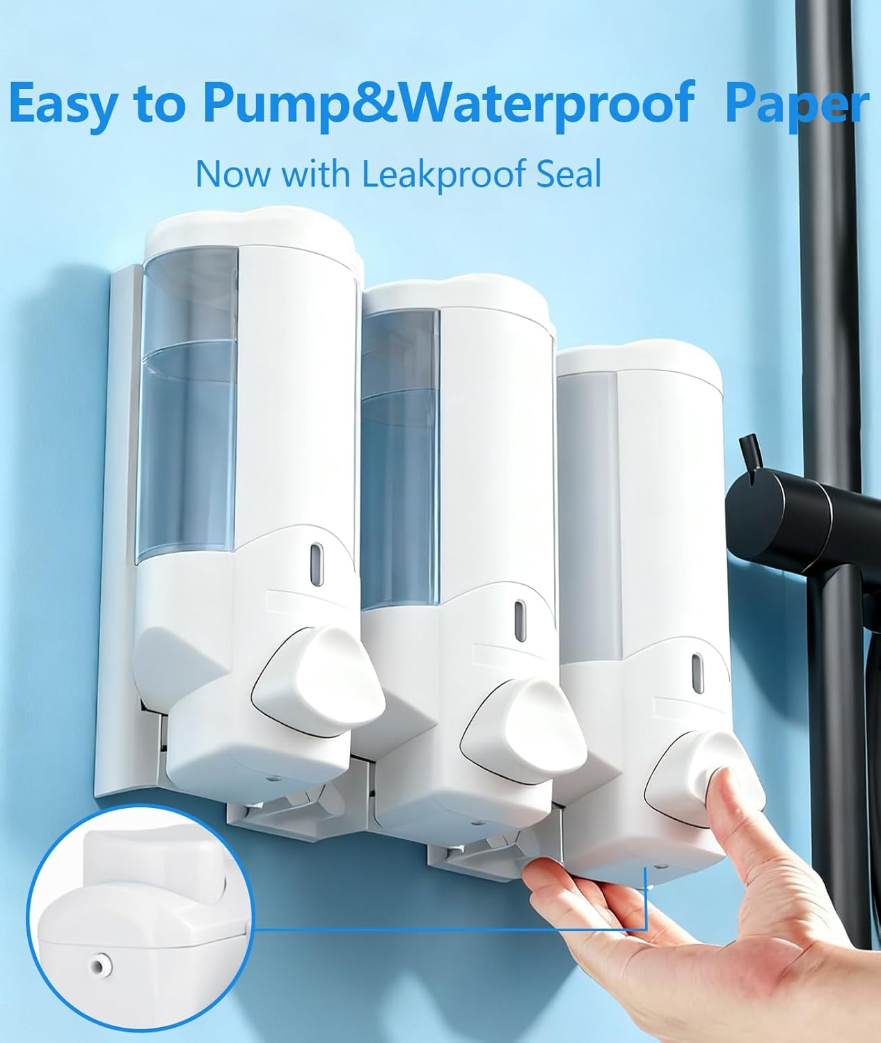 No-Tool 3-Bathroom Soap Dispenser Set - Adhesive Wall Mount Soap & Shampoo Organizer with Leakproof Pumps - Space Saving Bathroom Storage (16oz) (White)