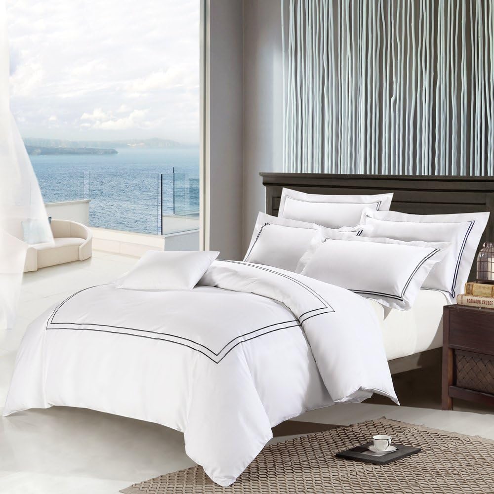 Deep Sleep Home 3pc Duvet Cover Set, 40s Cotton Sateen, Navy Blue Embroidered Lines, 250 Thread Count Percale, White Background, Double Full, Queen, King Size (King, Black)