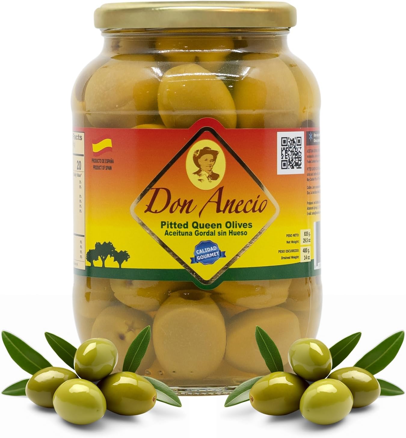 Don Anecio Green Olives - Pitted Queen Olives 29.5 Oz Jar, Gourmet Gordal Olives from Spain, Hand-Picked Jumbo Size Olives a Genuine Mediterranean Delight