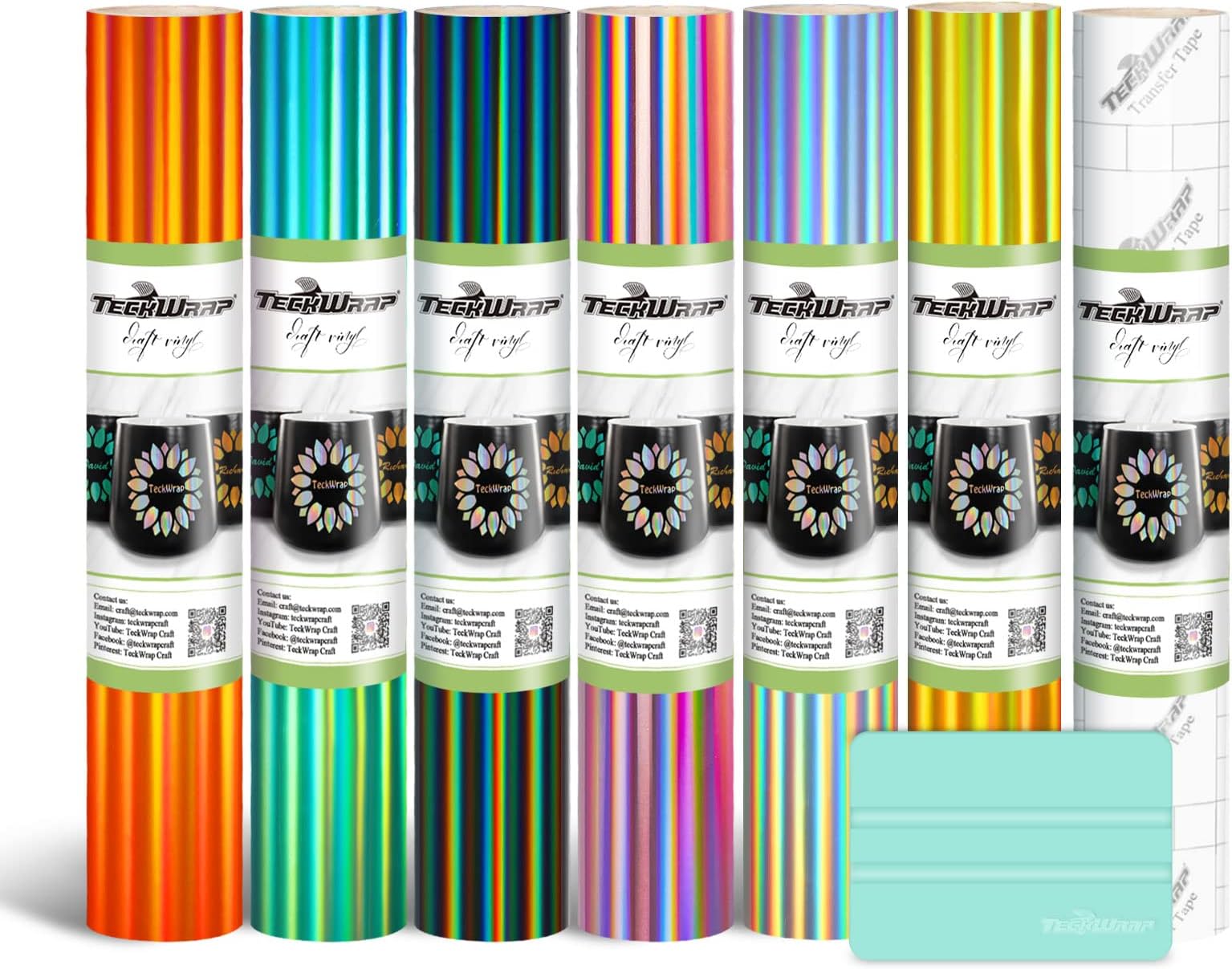 TECKWRAP Holographic Chrome Adhesive Vinyl Bundle 12" x 36"/Rolls for DIY Craft, Arts (Silver, Luxury Gold, Rosegold, Gray, Pumpkin Orange, Emerald Green)