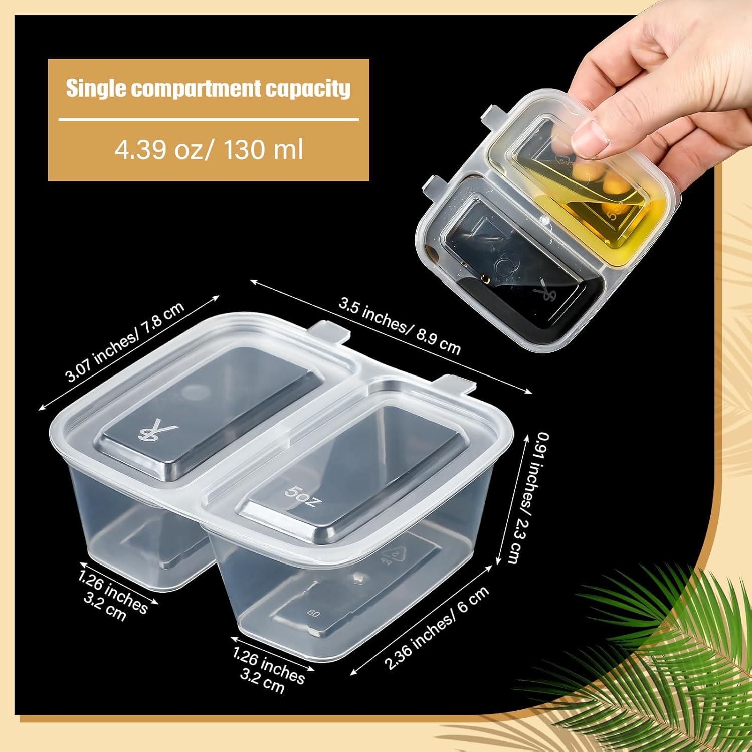 100 Pcs Double Compartment Condiment Container, Portable Disposable Small Food Storage Containers Dual Compartment Container for with Lids for Condiment, Dip, Sauce