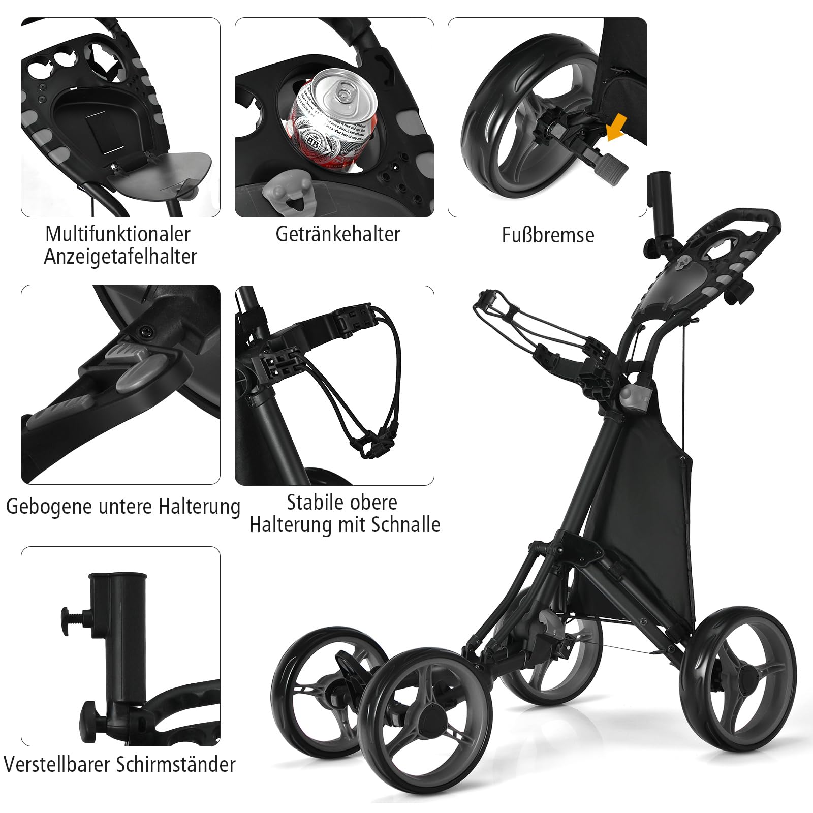 COSTWAY Golf Trolley, 4 Rad Golftrolley, Golfwagen klappbar, Golfcaddy aus Aluminum, Golfcaddy mit Schirmhalter, T-Stückhalterung und Aufbewahrungstasche (Grau)