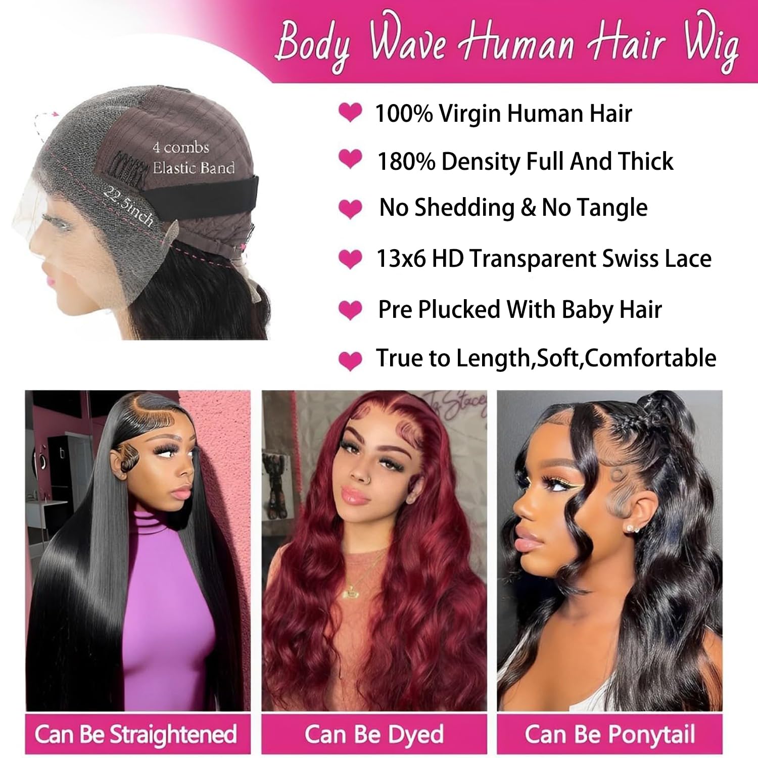 Body Wave Human Hair Wigs 34 inch Brazilian Hair 13x6 Lace Front Wigs 180% Density 100% Unprocessed Virgin Hair Body Wave Wig Pre Plucked with Baby Hair Natural Color for Black Women