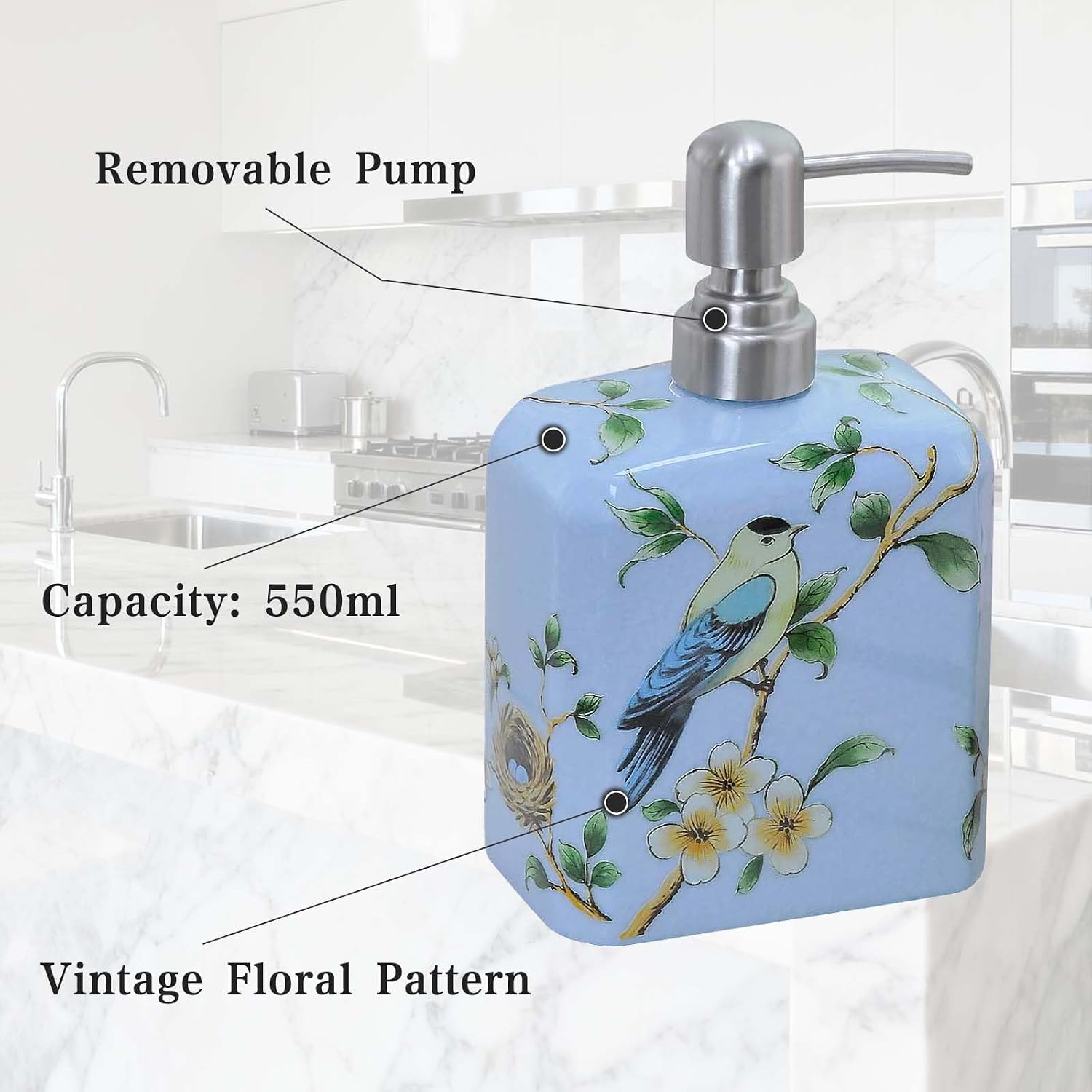 Ceramic Soap Dispenser, Decorative Flower Liquid Hand Soap Dispenser, Empty Refillable Lotion Bottle with Removable Pump for Bathroom Kitchen Countertop - Light Blue, 18.6 oz