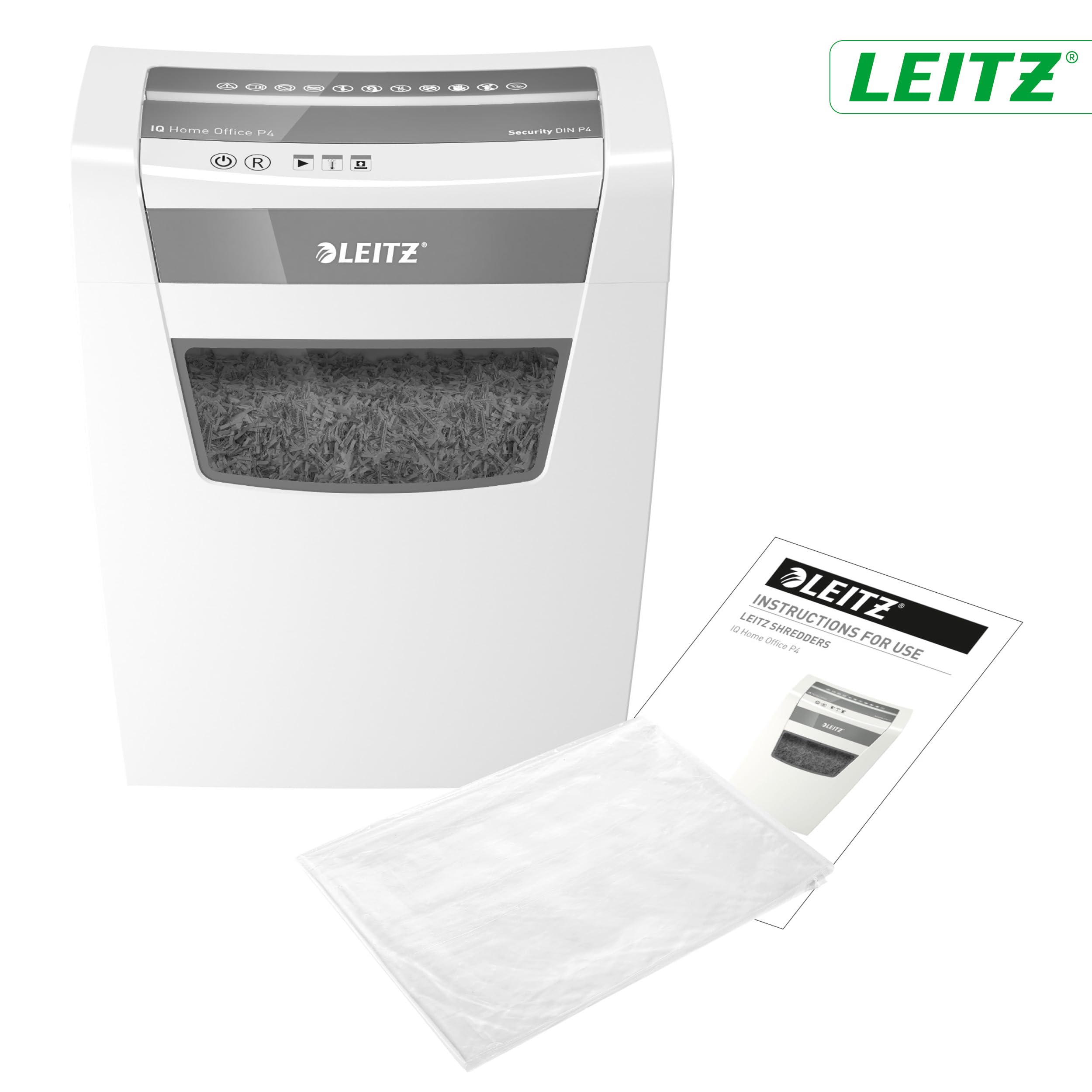Leitz IQ, Distruggidocumenti Home Office P4, 12-10 Fogli A4 (70-80 gr/mq), Taglio a frammento, Sicurezza P4, Capacità 23 litri, Tecnologia Anti-Inceppamento e Touch-Control - 80090000