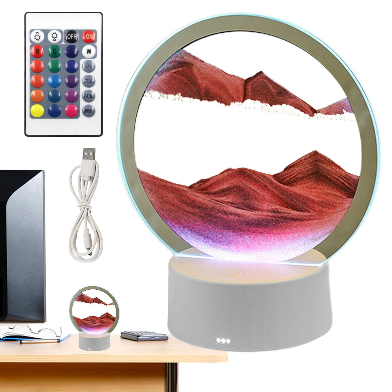 Moving Sand Art Pictures with LED Light, 3D Sea Sandscape Table Lamp with Remote Control, Liquid Motion Sea Sandscape in Motion Display, Flowing Sand Frame Desktop Art Home Decoration