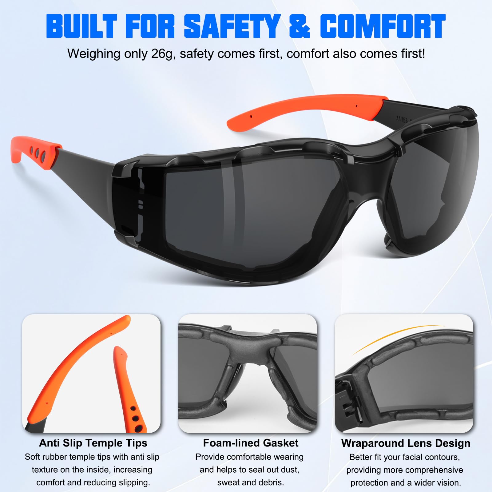 OXG Anteojos de seguridad para hombre, ANSI Z87.1, antivaho, resistentes a los impactos, junta de espuma, protección UV400