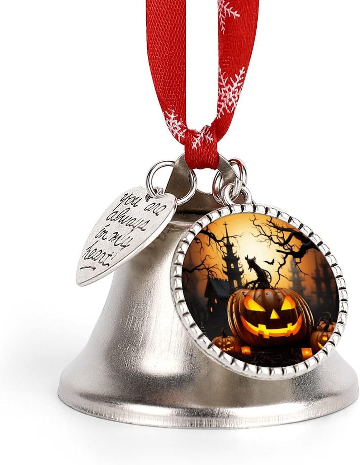 Christmas Bell,Christmas Tree Decorations with Heart Charms,Halloween Pumpkinprinted Jingle Bell Hanging Ornament for Christmas Holiday Decoration