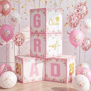 Qunclay 4 Pcs Pink Gold Floral Graduation Party Decorations Class of 2026 Floral Graduation Boxes Stackable Wildflower Congrats Grad Box for Pink Grad Theme Photo Prop Party Supplies