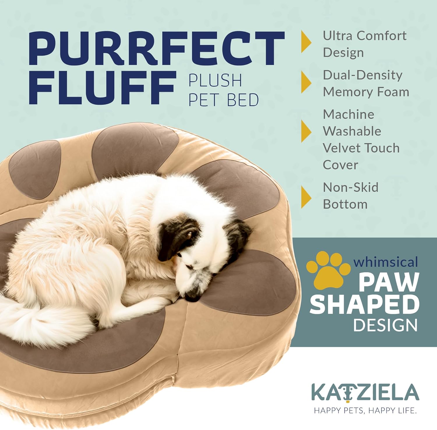 Katziela Purrfect Fluff Paw-Shaped Pet Bed - 25" x 25" x 6" Washable Dog & Cat Bed - Blue