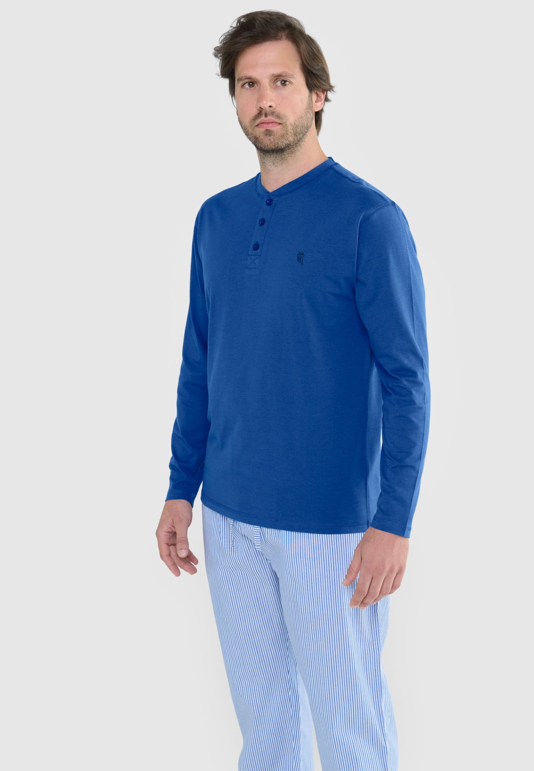 El Búho Nocturno Camiseta Pijama Hombre Algodón 100% o Mezcla - Manga Larga Invierno/Corta Verano - Botones Lisa Parte Arriba Ropa Dormir Interior T-Shirt Básica - 100% Algodón, Azul 7527, L