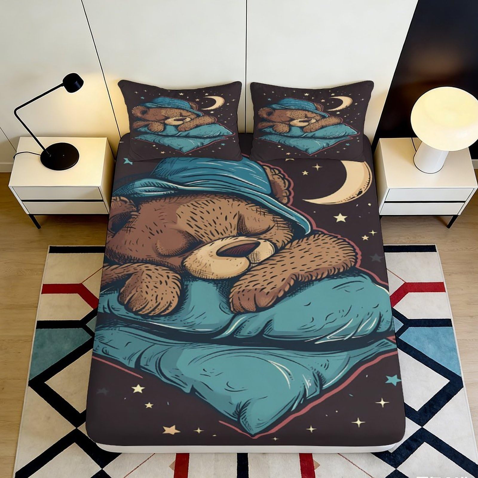 3D Printed Sleeping Bear Fitted Sheet Microfiber Soft Breathable Moon Bed Cover for Bedroom Guest Room Decor 90x200x25cm