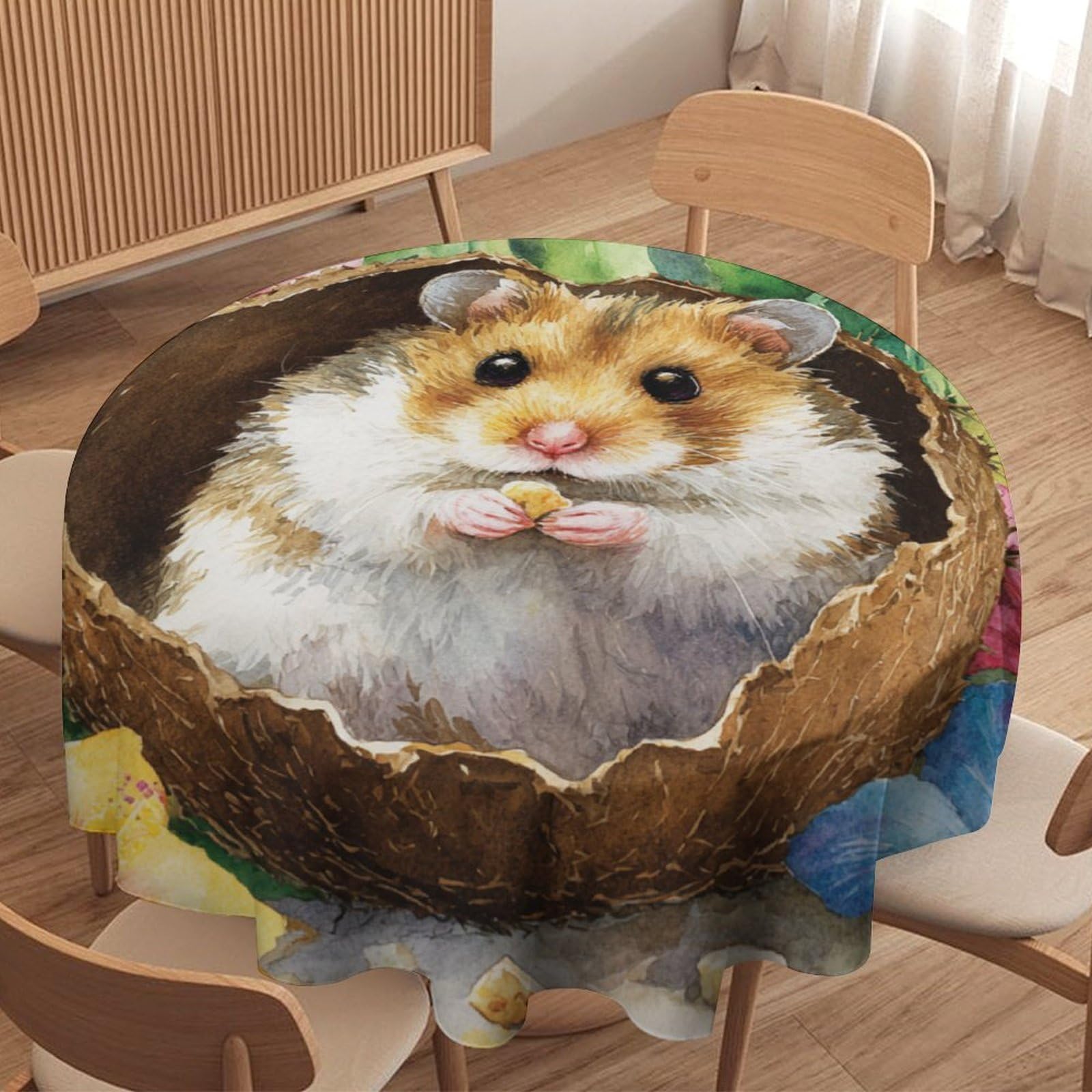LUYYSKY Retro Watercolor Cute Hamster Waterproof Round Tablecloth Modern Abstract Palm Leaves Animals Hamster Floral Washable Table Cover for Kitchen-91.4" Wx91.4 L cm