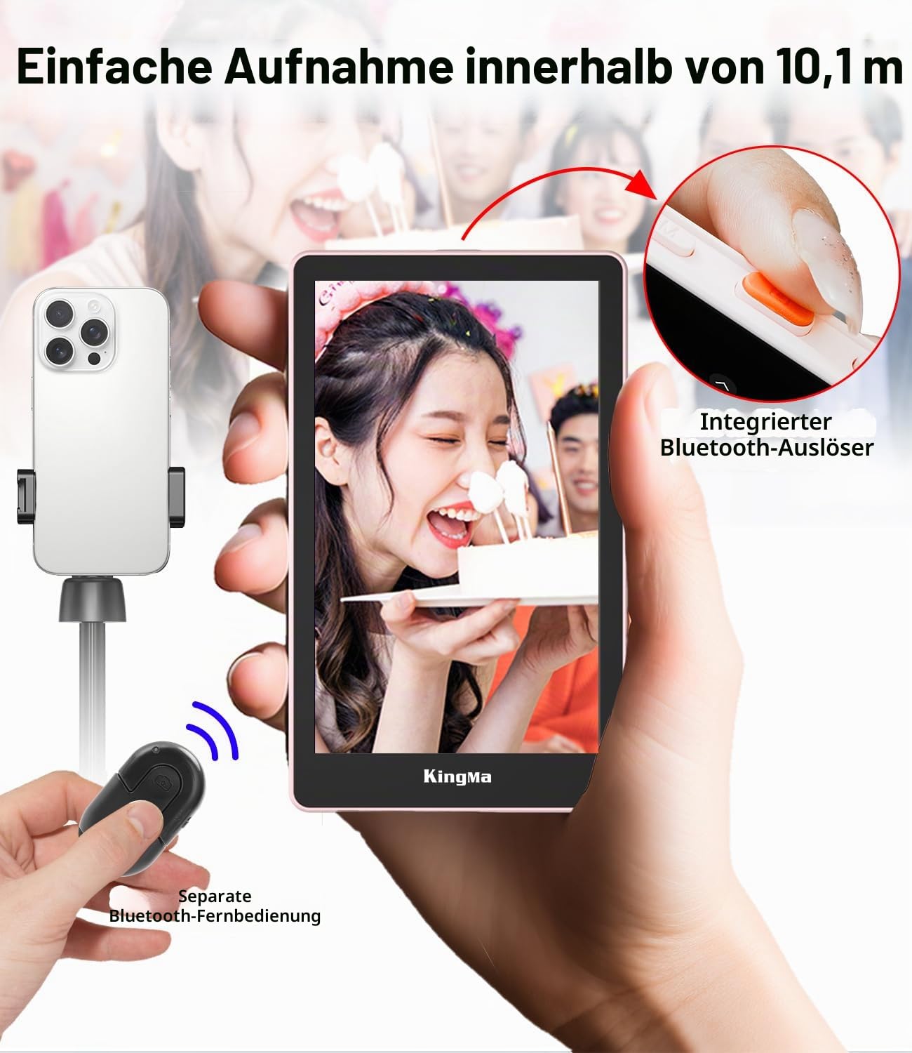 King Ma 4K 30FPS Magnetic Phone Vlog Selfie Monitor Screen, Sync Back Camera iPhone Monitor Screen für Vlog Live Stream & TikTok (Pink)
