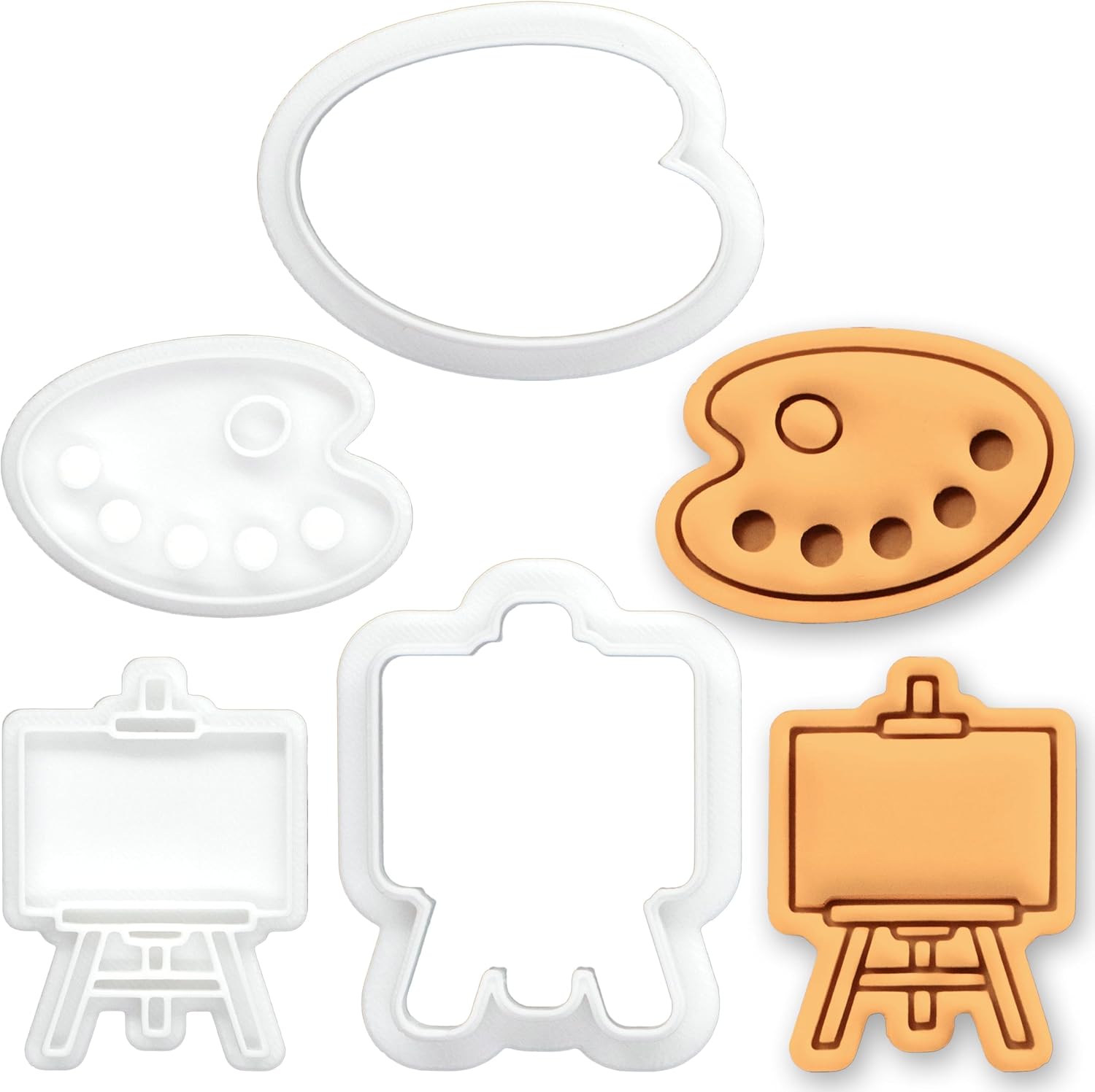 BAKERLOGY Set of 2 Artist Palette and Easel Stand Mini Cookie Cutter & Stamp Set – Paint Palette Fondant Embosser for Kids Art Party, Creative Baking, Painting Cake Decorating Tool