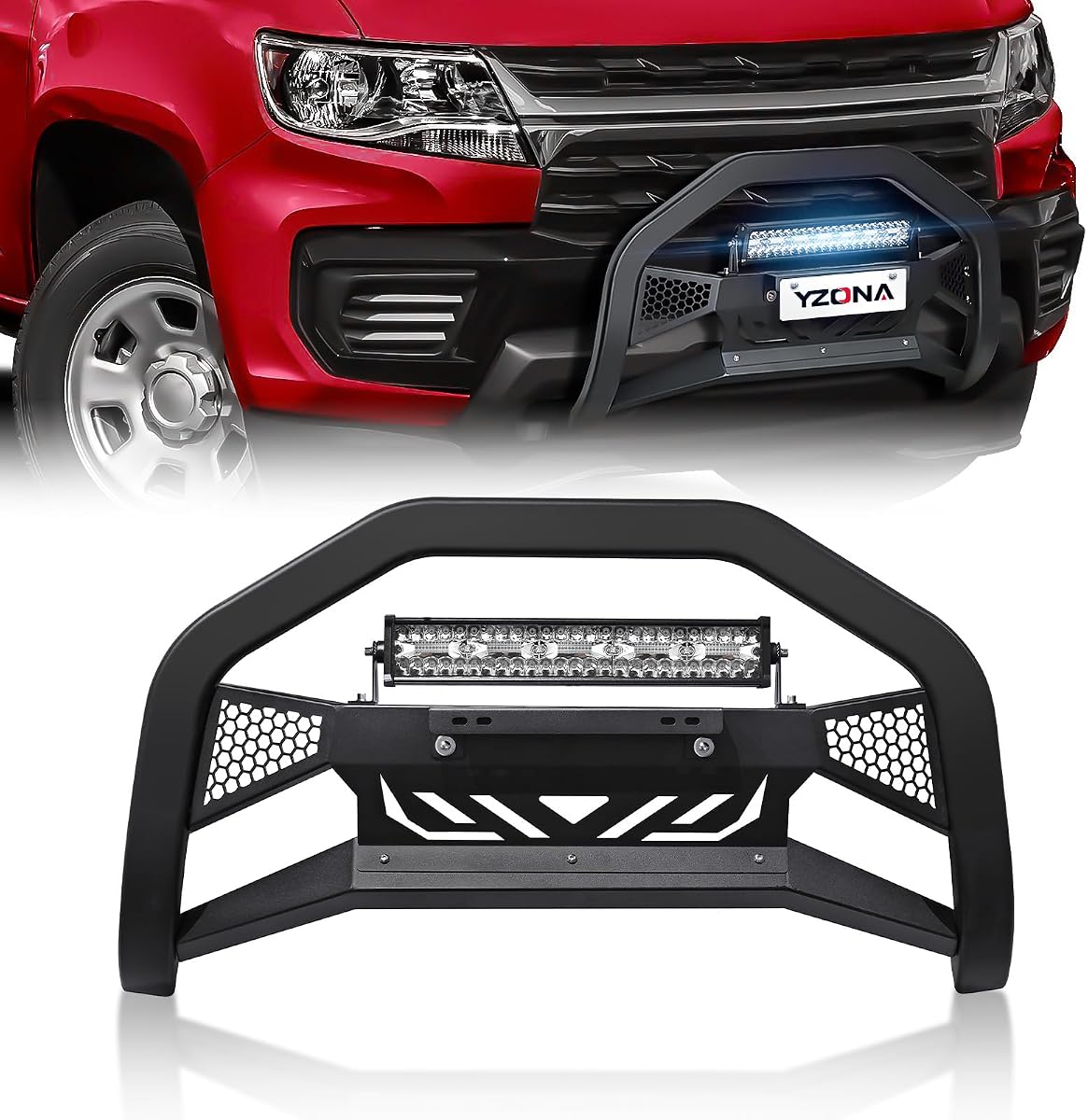 Bull Bar Grille Guard Compatible with Colorado GMC Canyon 2015-2022 | Includes LED Light Mount, License Plate Frame and Skid Plate, Heavy Front Truck Brush Guard