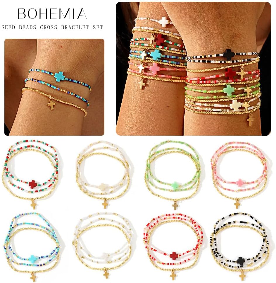Dainty 14k Gold Plated Cross Colorful Beaded Stack Bracelets Sets for Women,3Pcs Stackable Cute Christian Stretch Christmas Trendy Jewelry Friendship Gift - Image 4