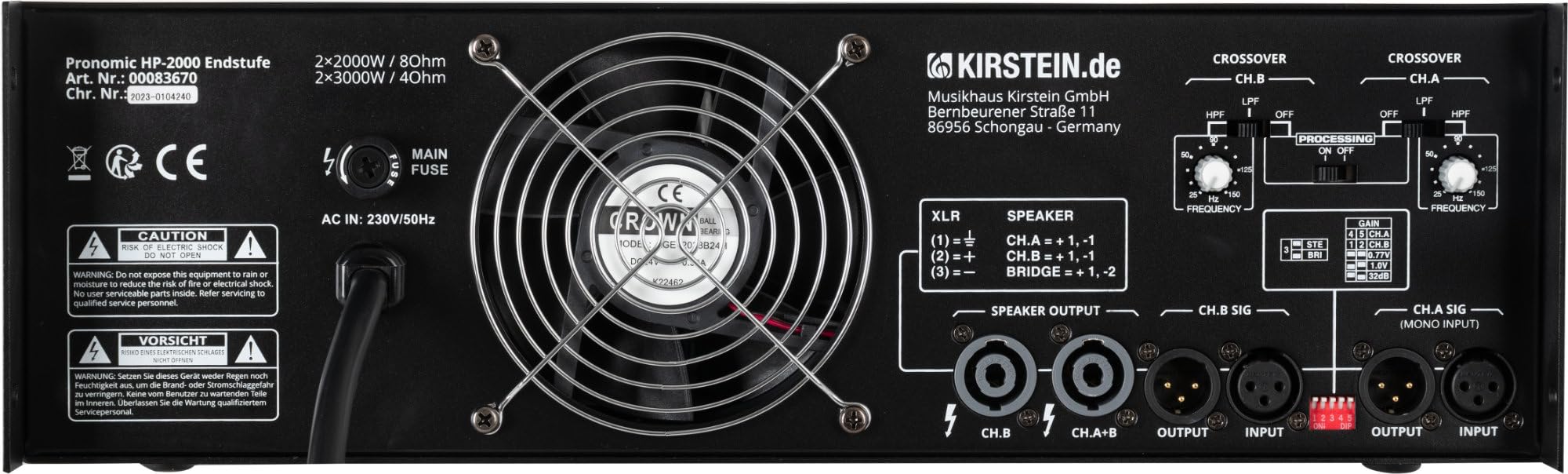 Pronomic HP-2000 Finale 2x 3000 Watt - Potenza in uscita (4 Ohm): 2x 3000 Watt - Filtri passa-alto/basso commutabili con frequenza crossover regolabile - Guadagno d'ingresso selezionabile - Nero