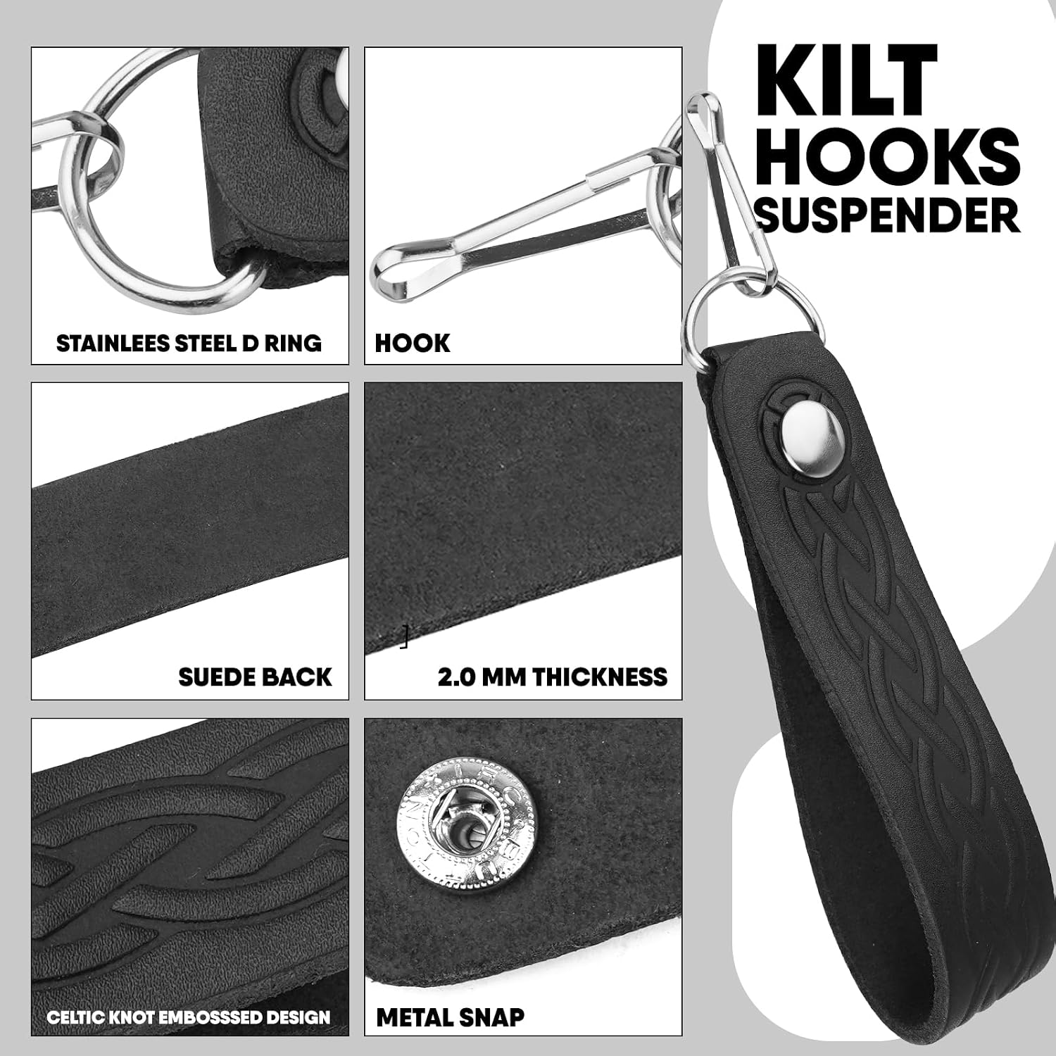 EZE Sporran Hangers Suspenders Straps- Pair Of Celtic Embossed & Plain Genuine Leather Suspenders with Metal D-Ring & Hook