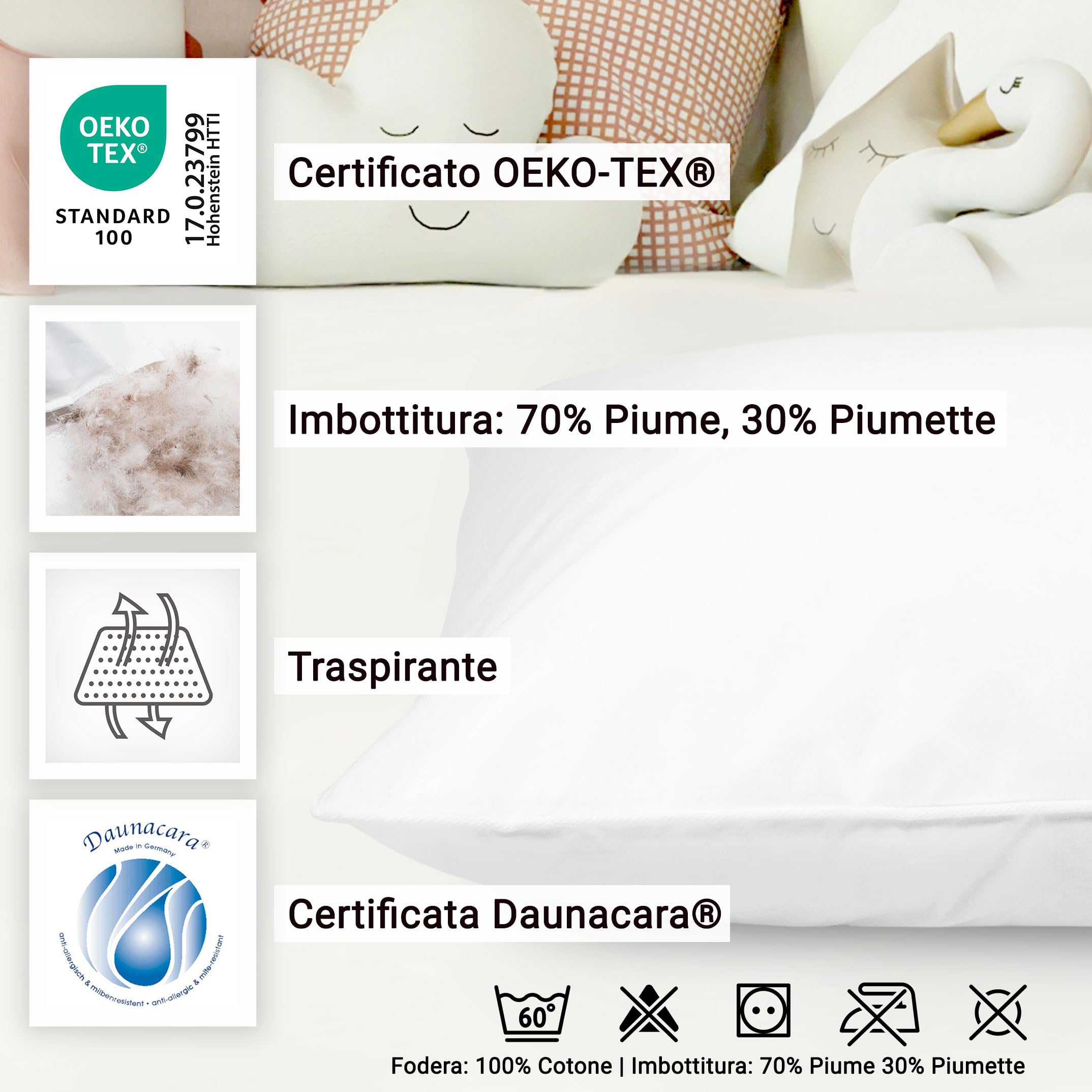 ZOLLNER Coperta per bambini in 30% Piume e 70% Piumette - Fodera traspirante in cotone - Made in Germany - lavabile a 60°C - 80x80 cm - Grado di calore 3 - Certificata Oeko Tex (R)