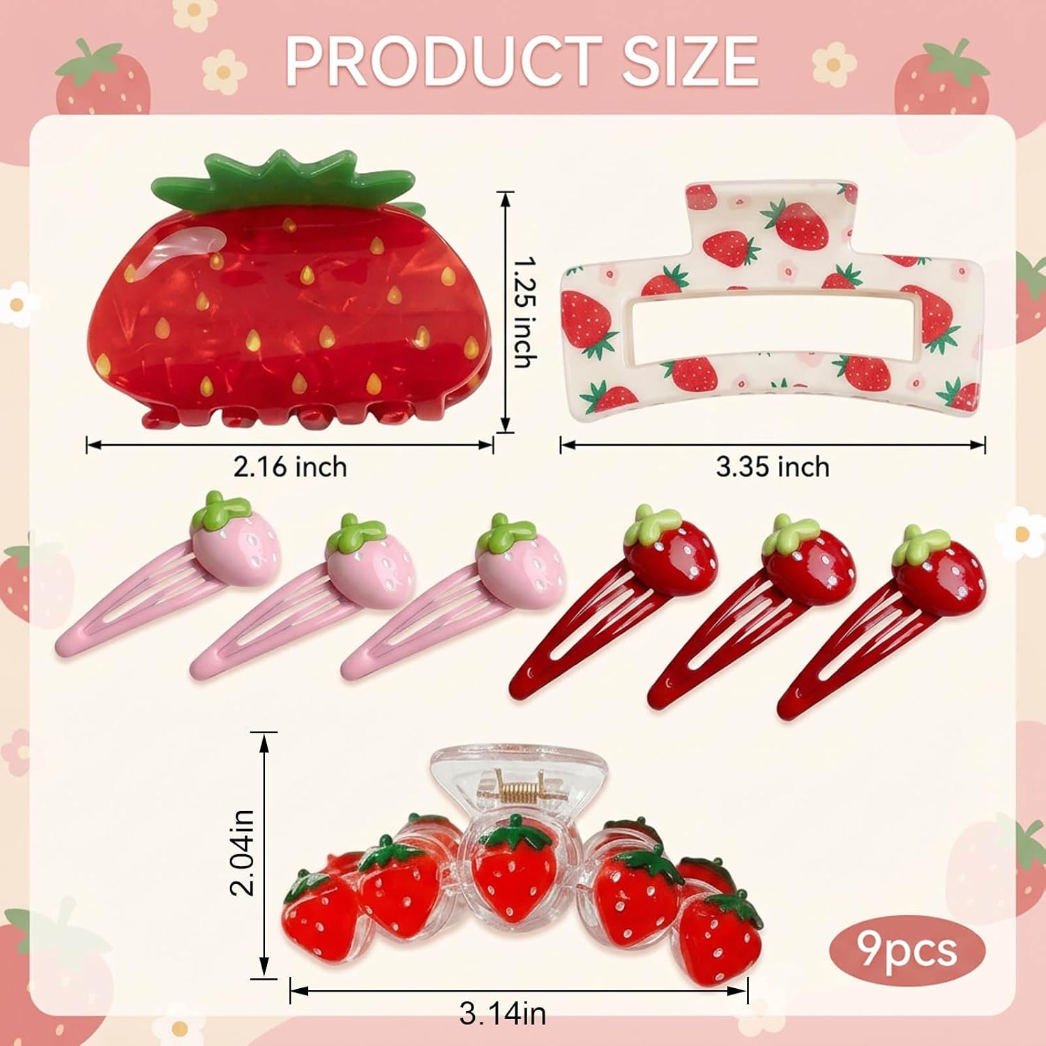 9Pcs Strawberry Hair Clips, Strawberry Claw Clip Hair Accessories for Women, Acrylic Hair Claw Clips for Long and Short Hair, Strawberry Hair Clip Set for Daily Use and Special Occasions