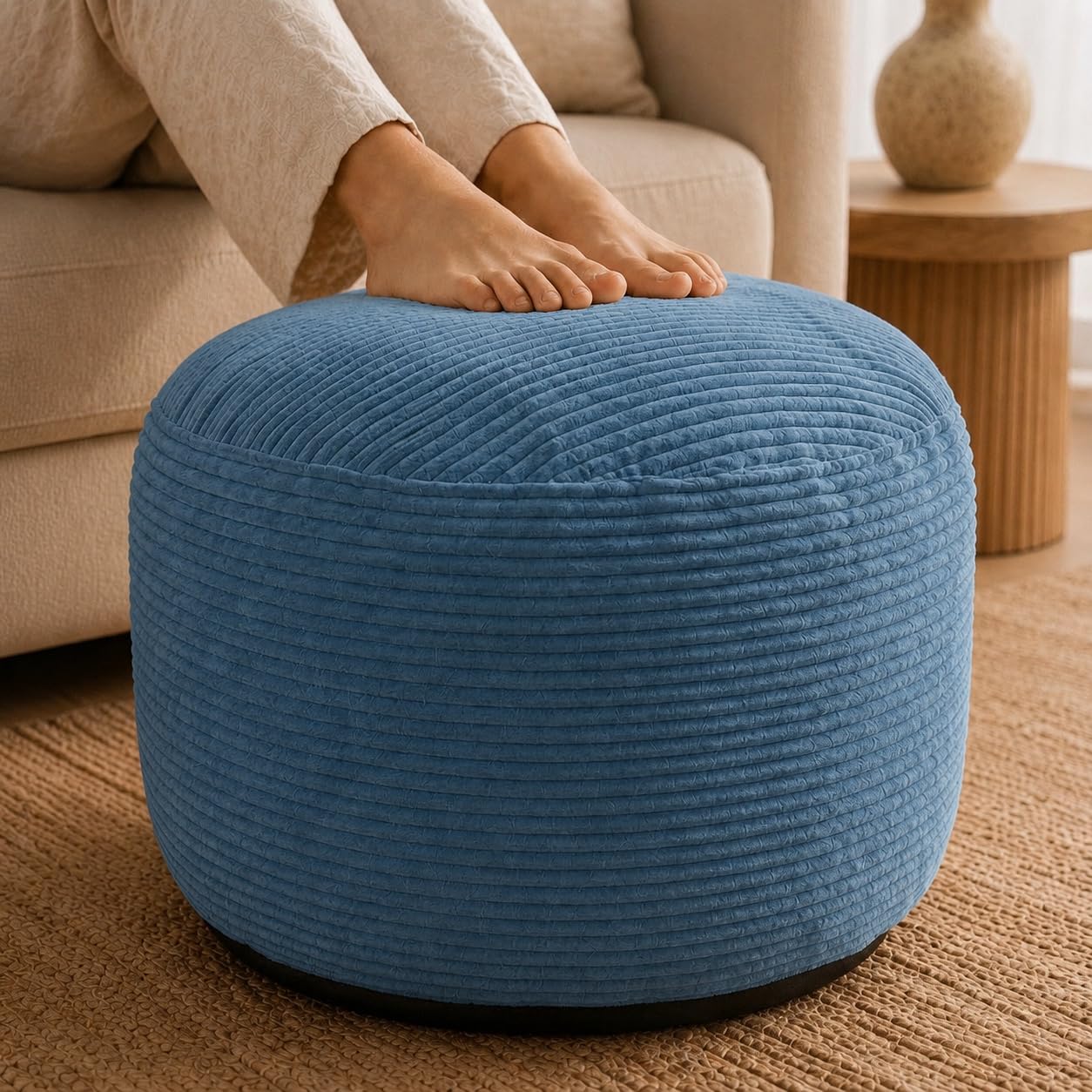 Stuffed Pouf Ottoman,Corduroy Foot Rest,Slate Blue,24 Inch
