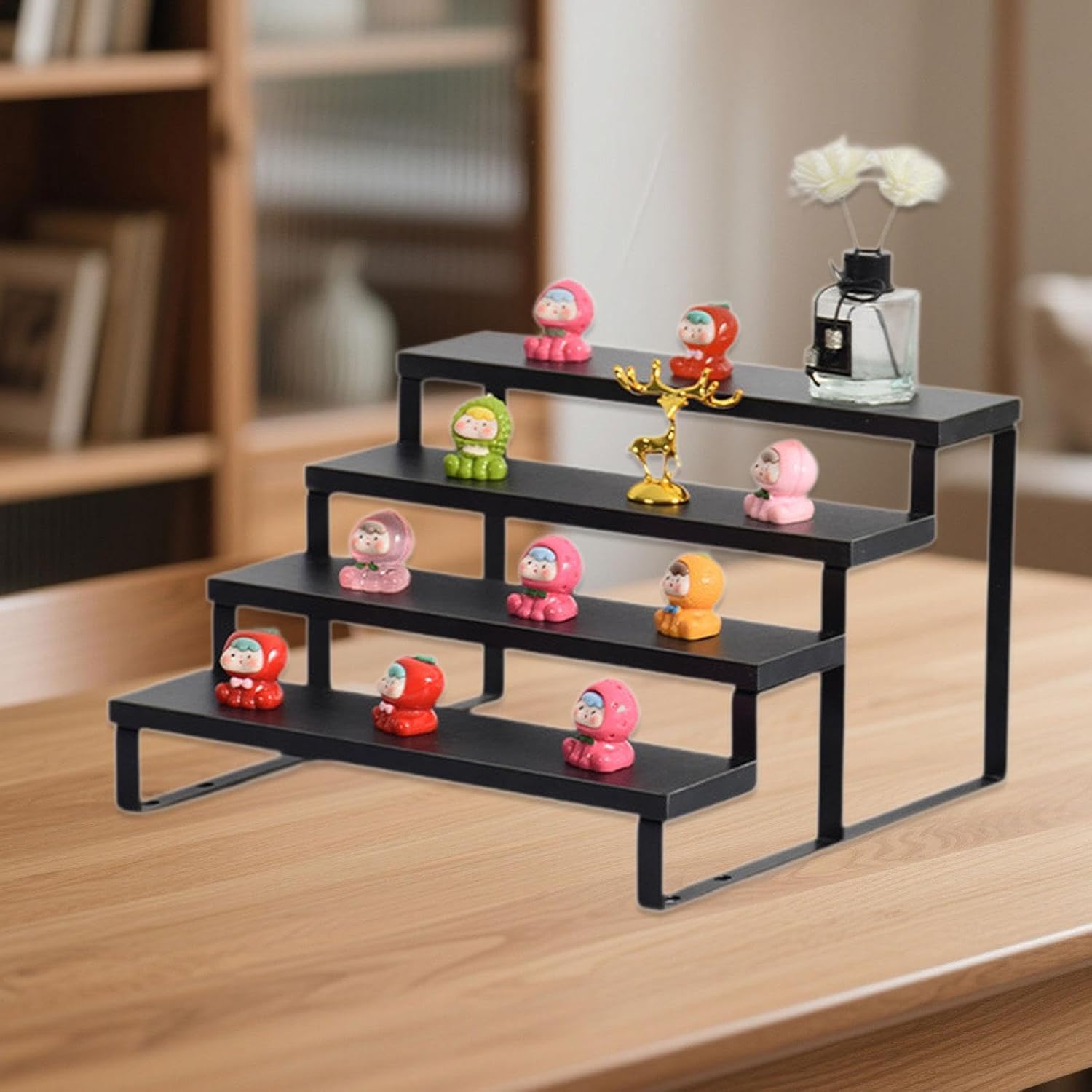 Wood Display Stand Jewelry Organizer Wooden Ladder Simple Windowsill Plant Stand Shelf Toys Storage Shelf for Office Decor, Black