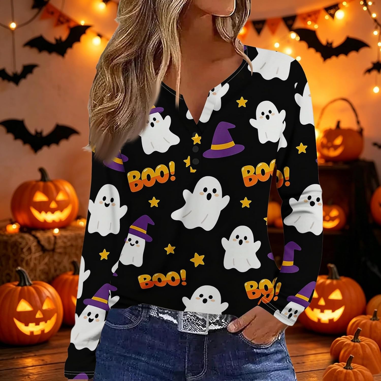 Women Halloween Fall Long Sleeve V Neck Graphic Tops | Casual Tops, Womens Graphic T Shirts Vintage, Long Sleeve Blouses for Women Dressy, Winter Clothes for Women,