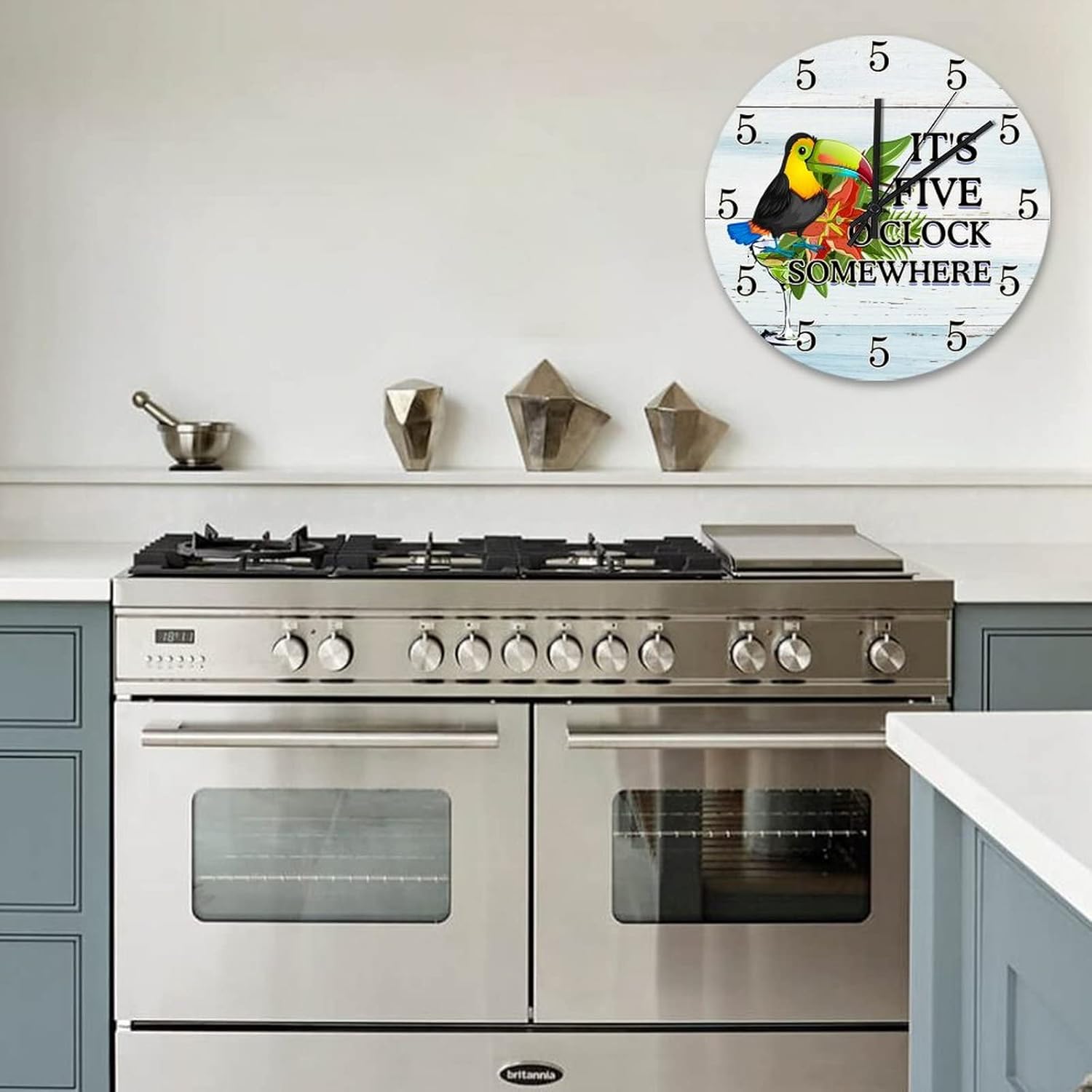 It's 5 O'Clock Somewhere Parrot Wooden Clock 15 Inch Happy Hour Wooden Battery Operated Silent Round Clock for Home Office School