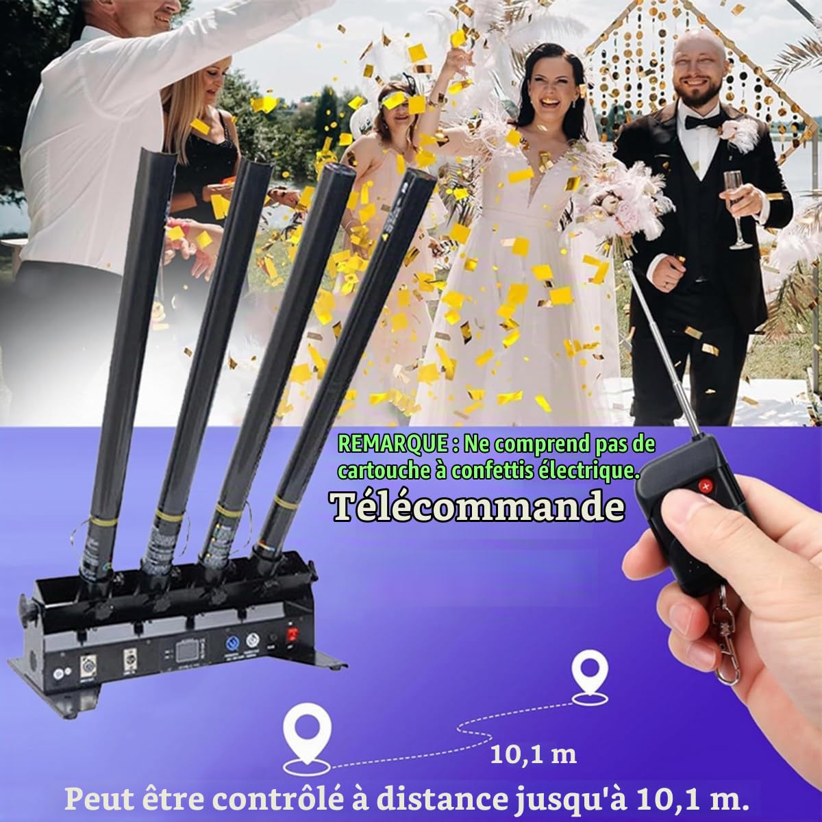 Lanceur de confettis électrique Canon à confettis à 4 coups DMX/télécommande pour mariage Disco Show Club Stage Party, machine à souffler les confettis DMX512 et télécommande
