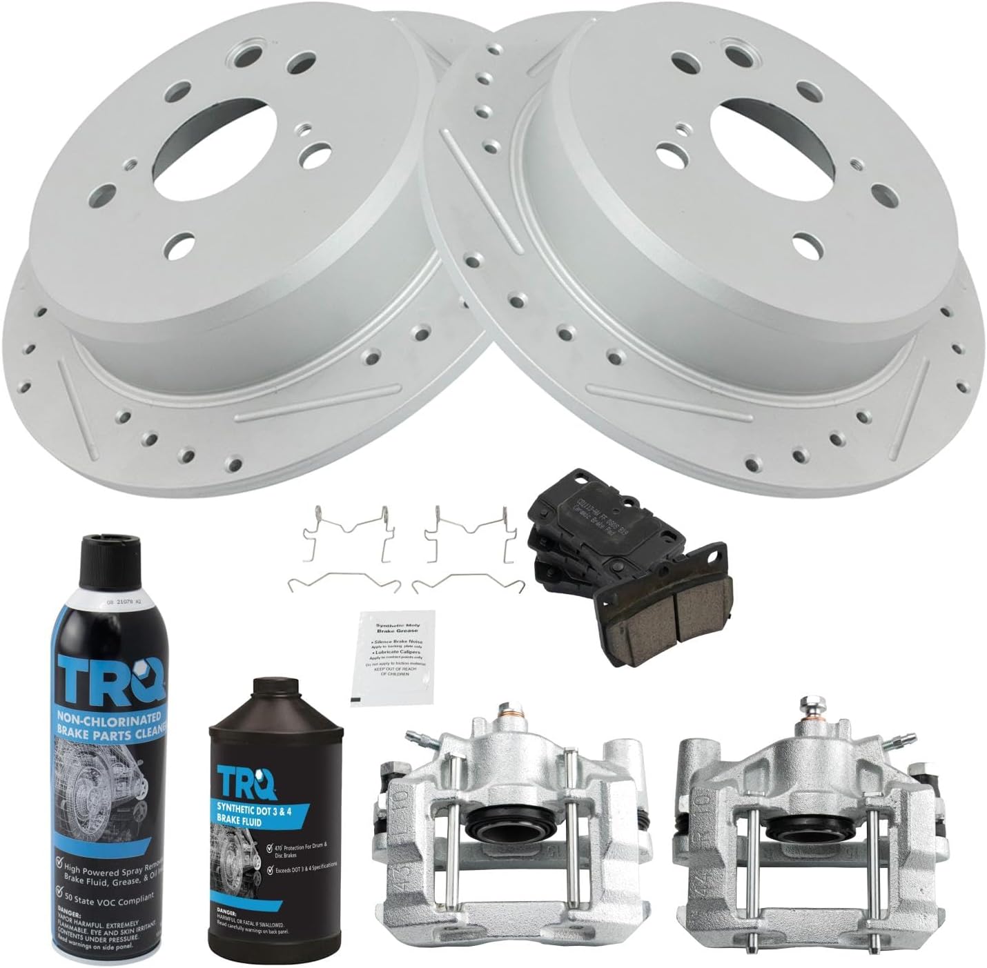 TRQ Rear Performance Brake Pad & Rotor Kit Brake Caliper Brake Chemical Kit Brake Pads Brake Rotors Set Ceramic Solid Premium G-Coated Compatible with 2006-2013 Lexus IS250