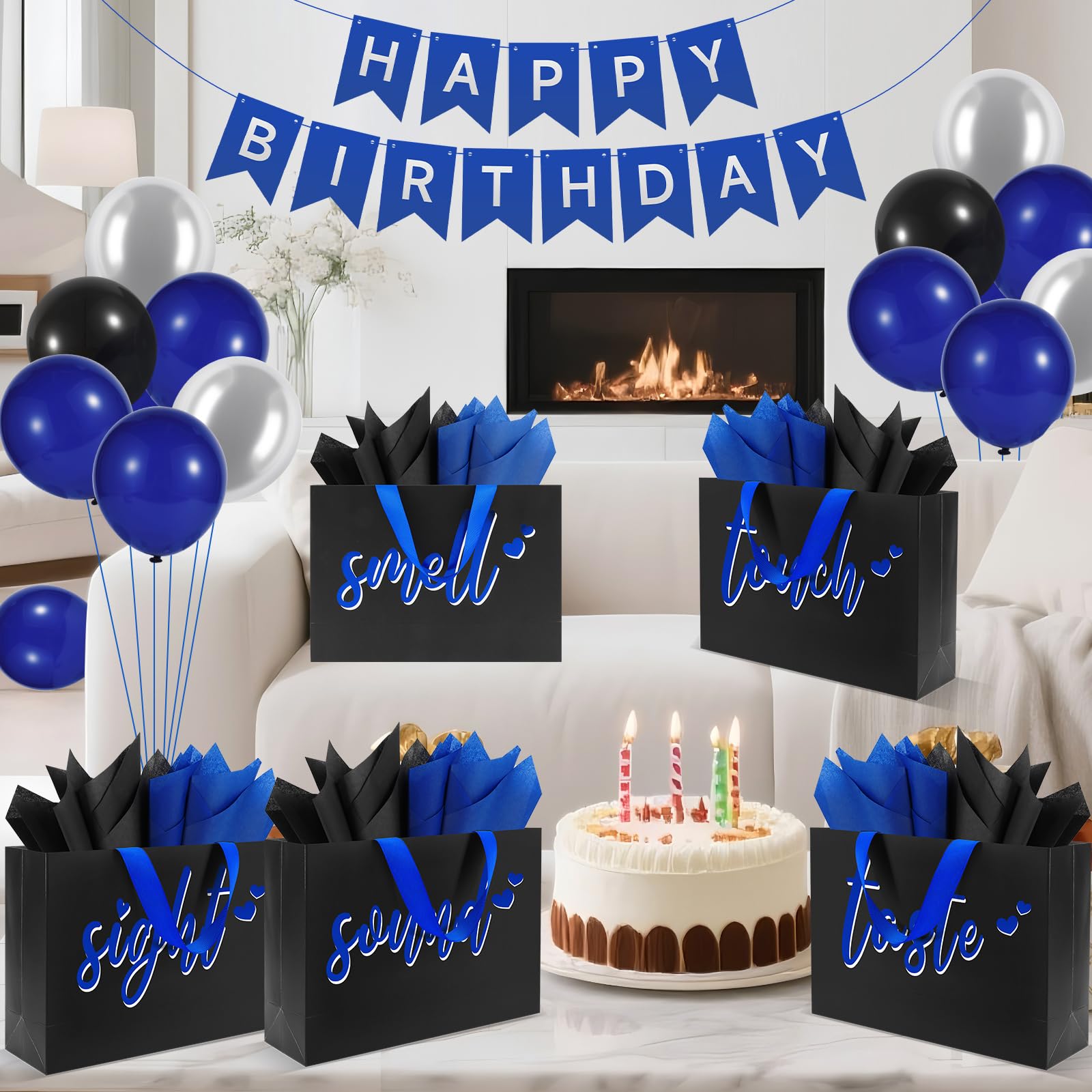 Epoesch 5 Senses Gift Bags for Him with Labels & Tissue Paper | Happy Birthday Decorations Kit with Banner, Balloons, Rose Petals, Envelope, Card for Men, Boyfriend, Husband(Black - Blue lettering)