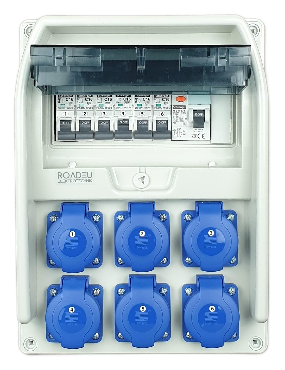 RoadEu - Coffret de chantier 230V - 6x prises avec interrupteur - répartiteur de prises avec disjoncteur différentiel 40A type A/AC - 6x LS C 16A - IP44 idéal pour les ateliers et les usines