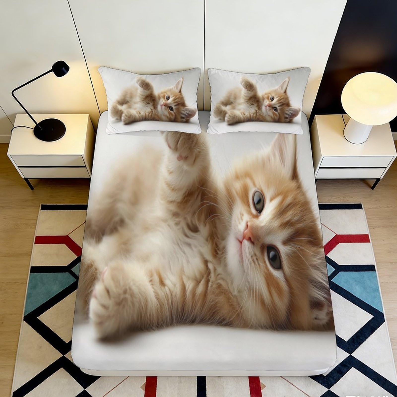 3D Printed Cute Kitten Fitted Sheet Microfiber Soft Breathable Playful Cat Bed Cover for Bedroom Dormitory Guest Room Mattress Protection 180x200x25cm